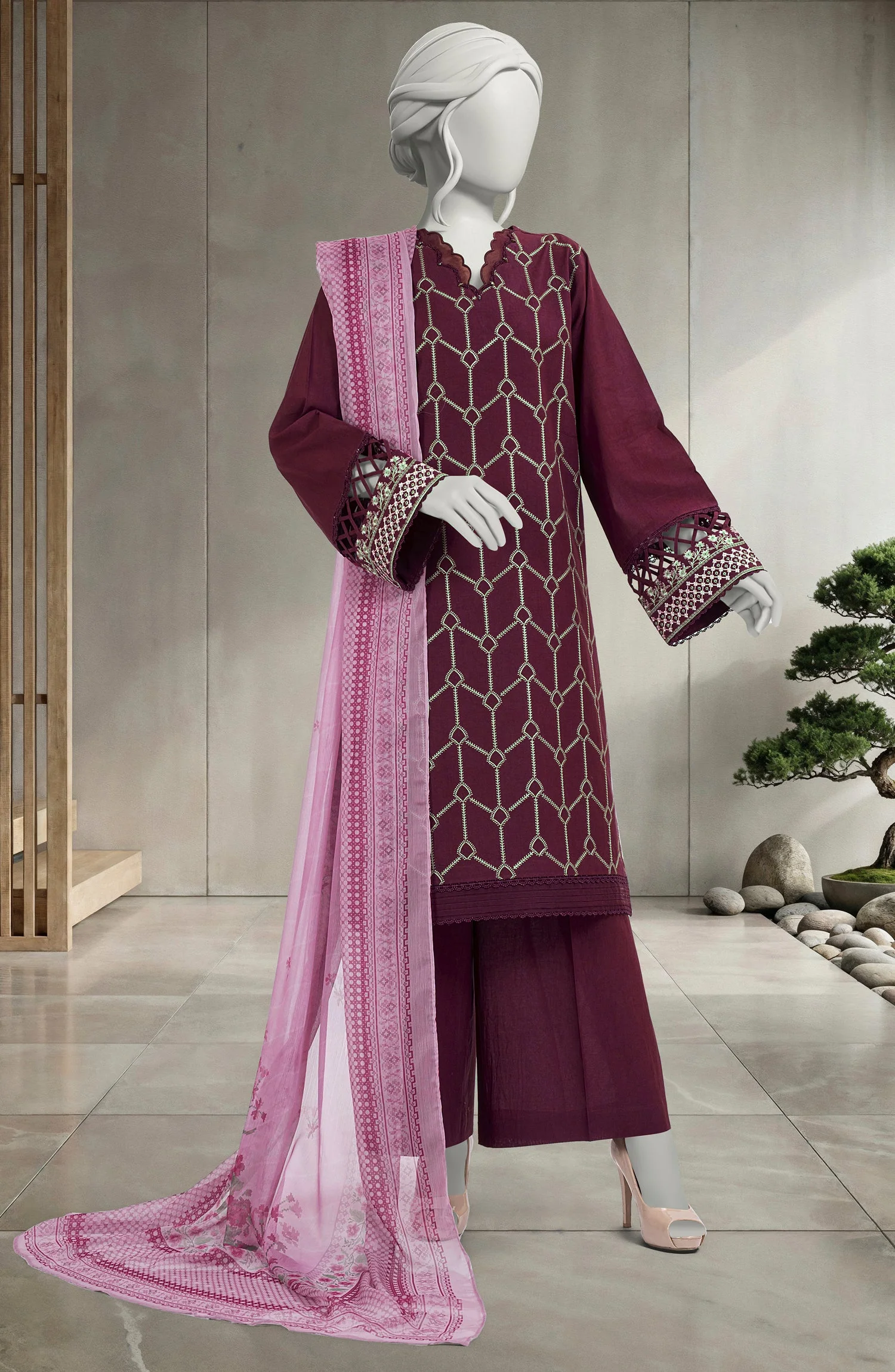 EMBROIDERED CAMBRIC 3PCS UNSTITCHED