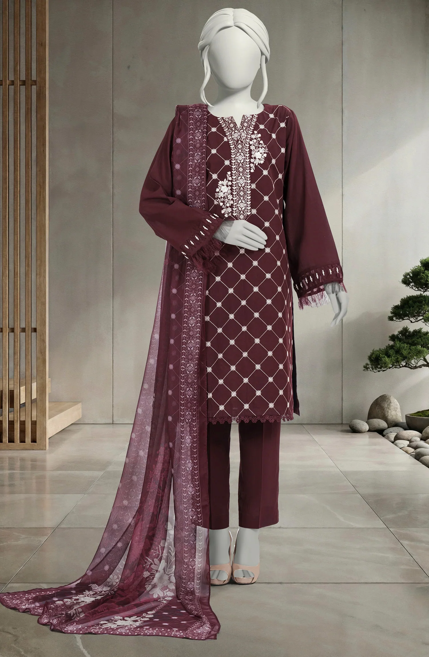 EMBROIDERED CAMBRIC 3PCS UNSTITCHED