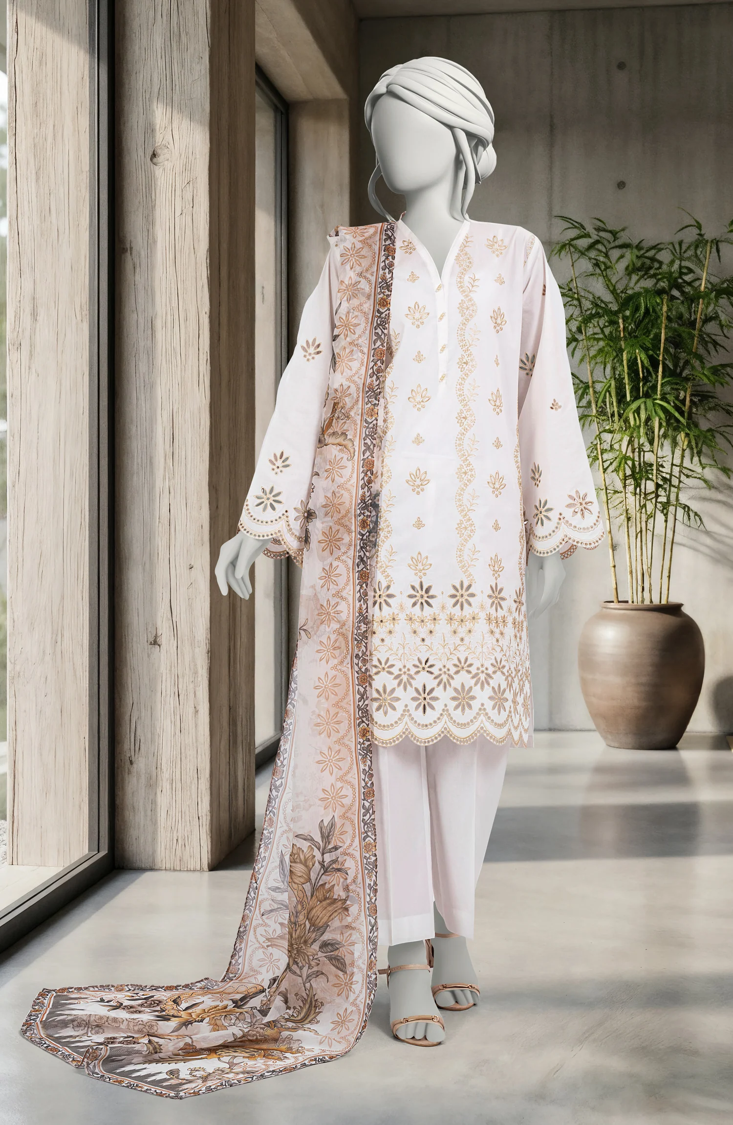 EMBROIDERED CAMBRIC 3PCS UNSTITCHED