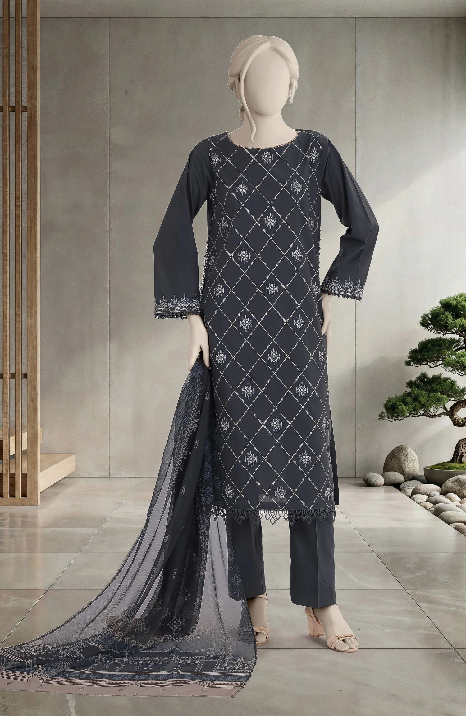 EMBROIDERED CAMBRIC 3PCS UNSTITCHED