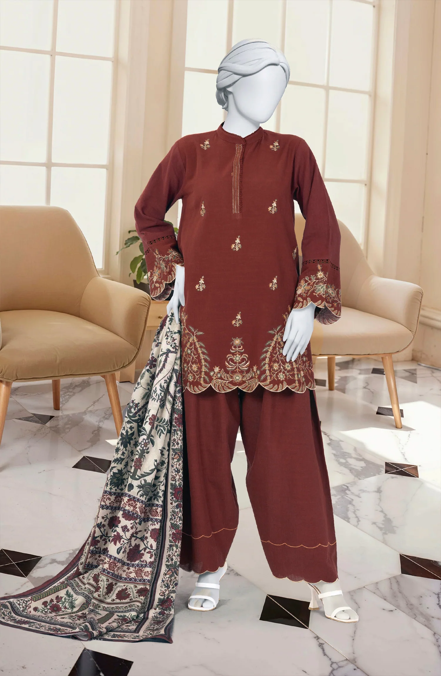 EMBROIDERED KHADDAR 3PCS UNSTITCHED - Image 8