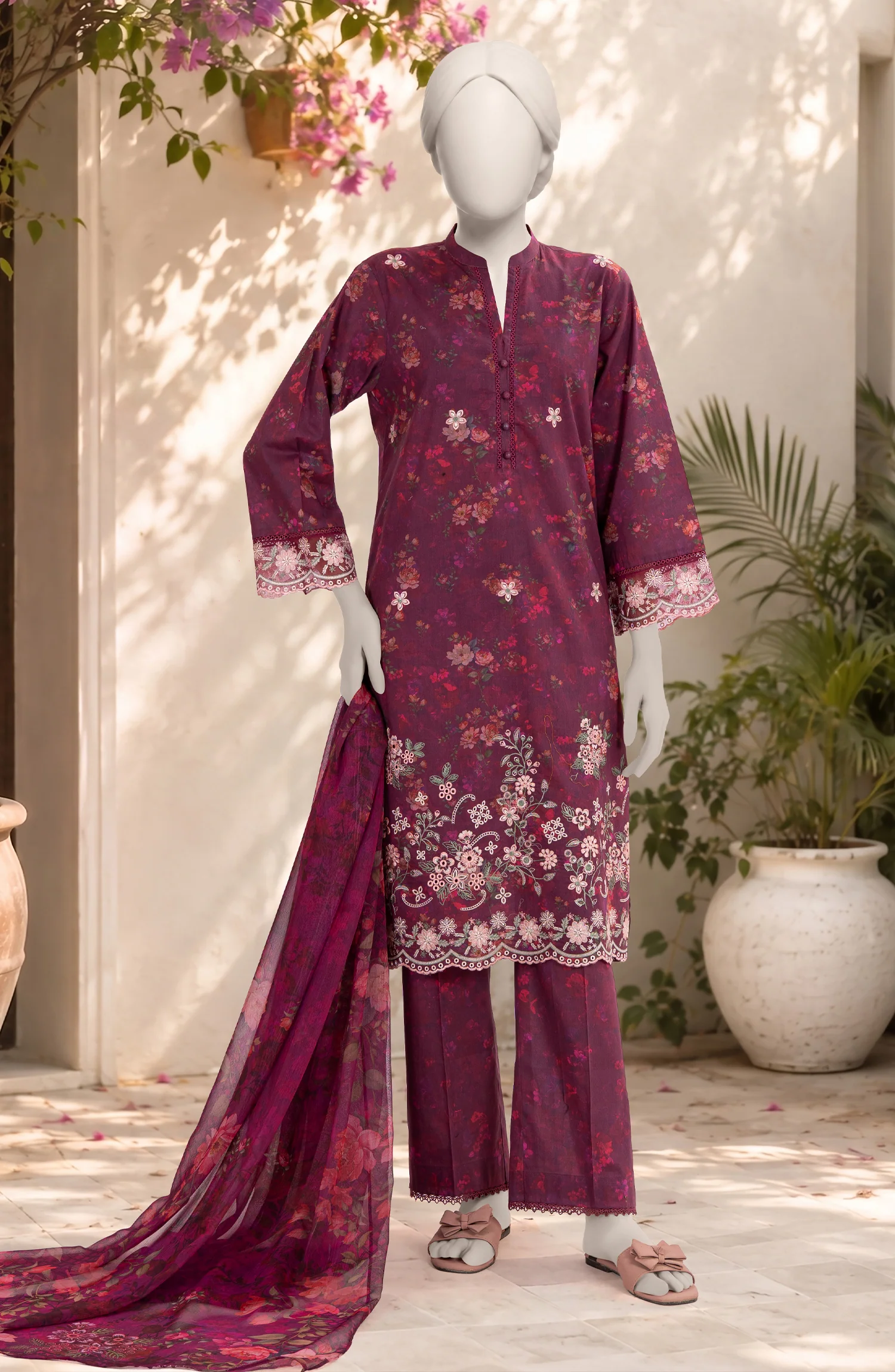 EMBROIDERED PRINTED CAMBRIC STITCHED 3 PIECE