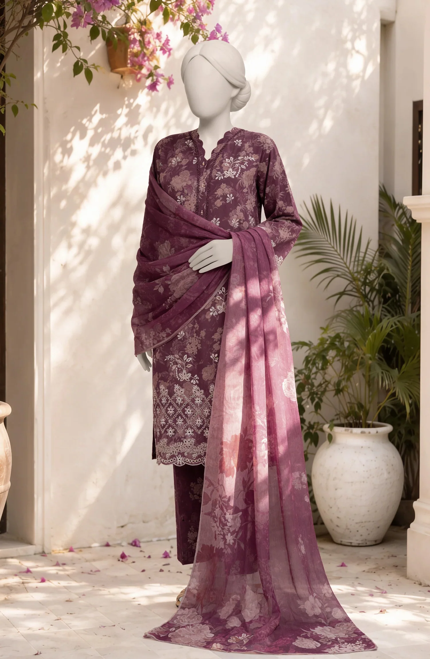 EMBROIDERED PRINTED CAMBRIC STITCHED 3 PIECE
