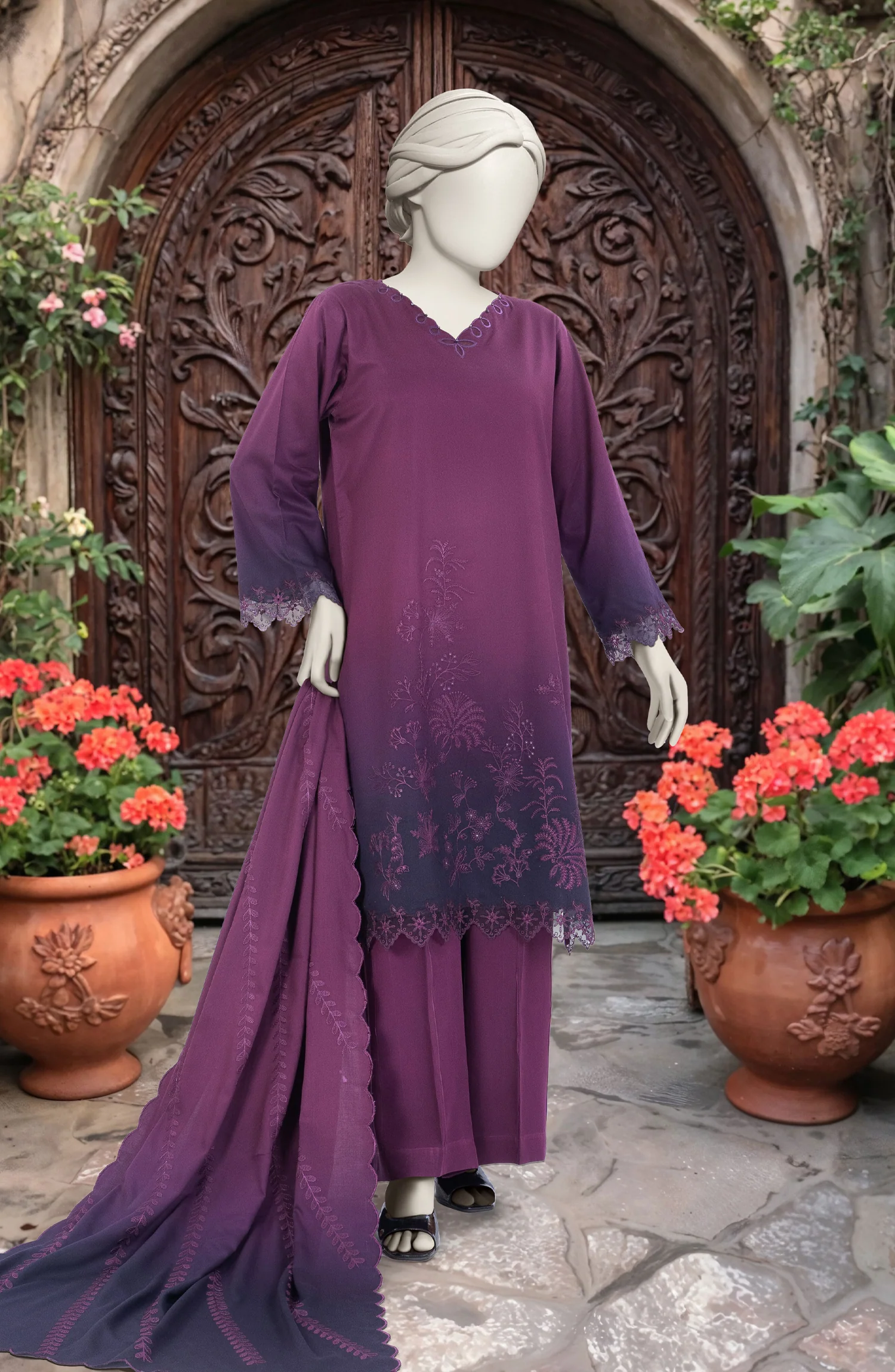 EMBROIDERED TWILL VISCOSE 3 PCS UNSTITCHED - Image 3