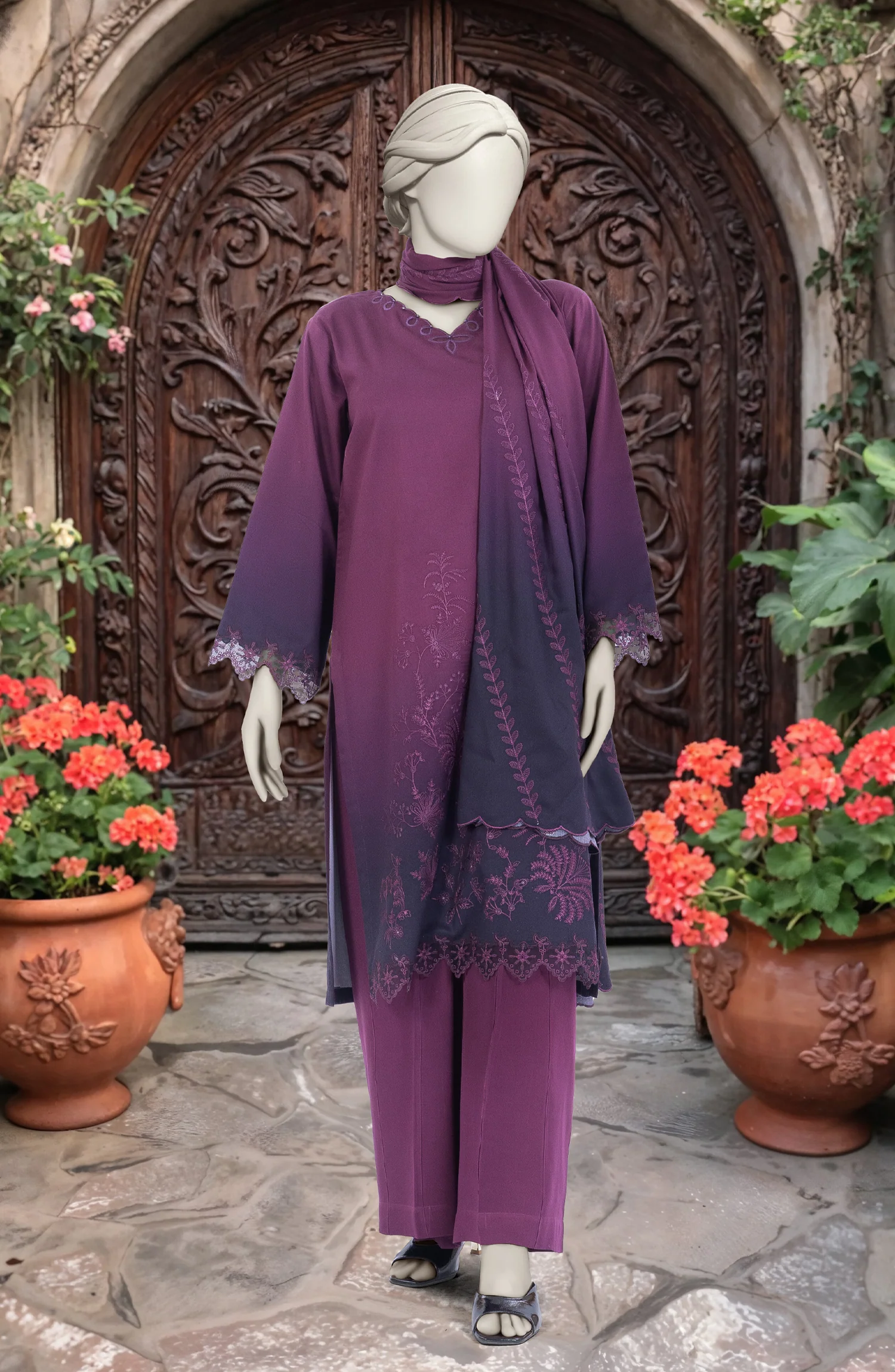 EMBROIDERED TWILL VISCOSE 3 PCS UNSTITCHED - Image 5