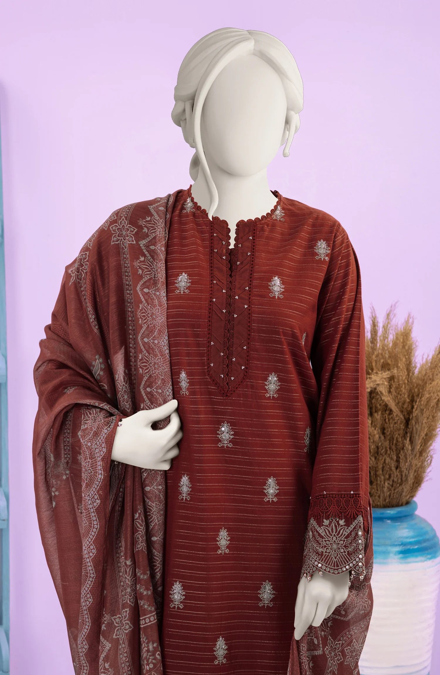 EMBROIDERED ZARI TAAR 3PCS UNSTITCHED - Image 2