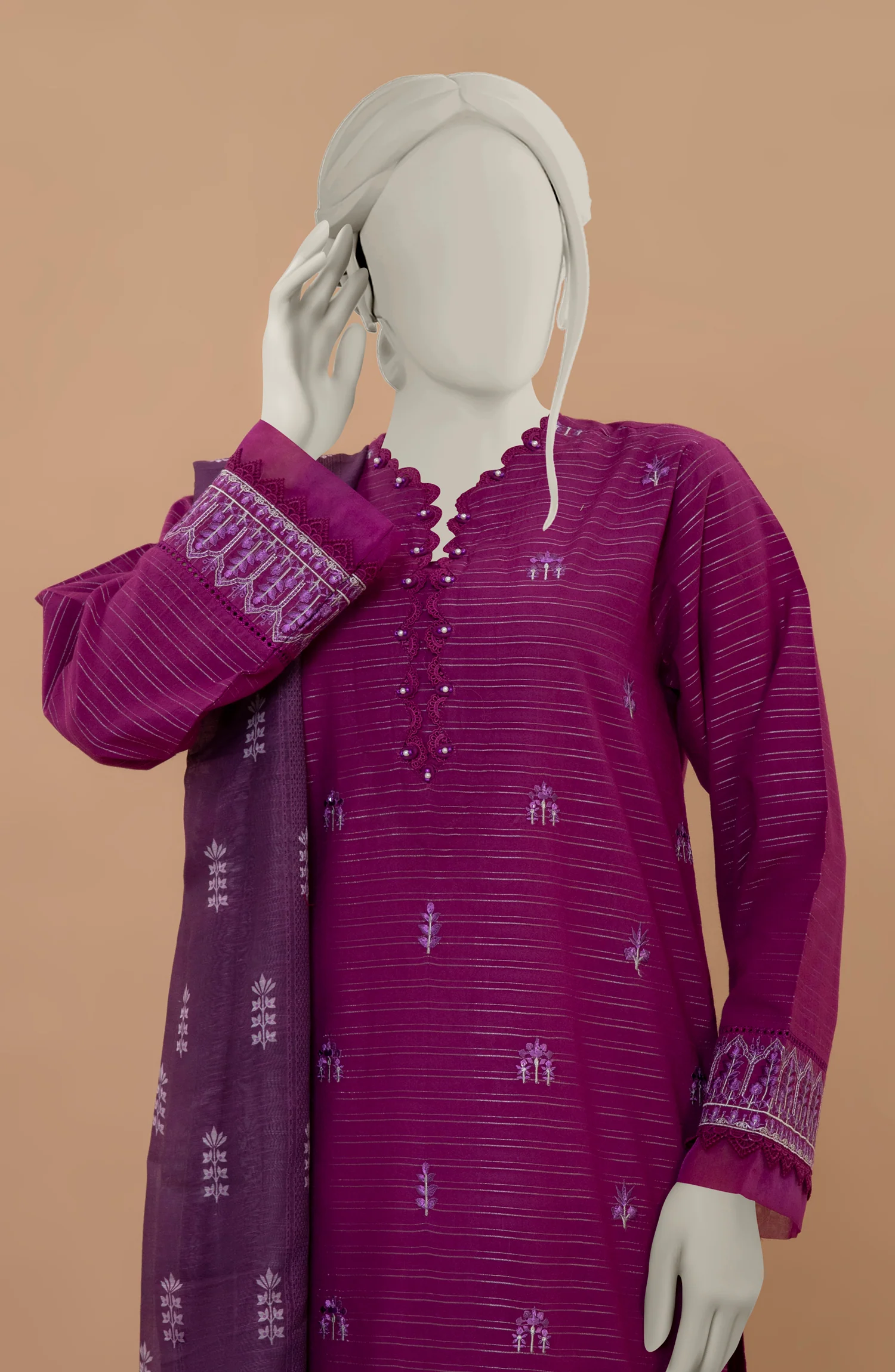 EMBROIDERED ZARI TAAR 3PCS UNSTITCHED - Image 2