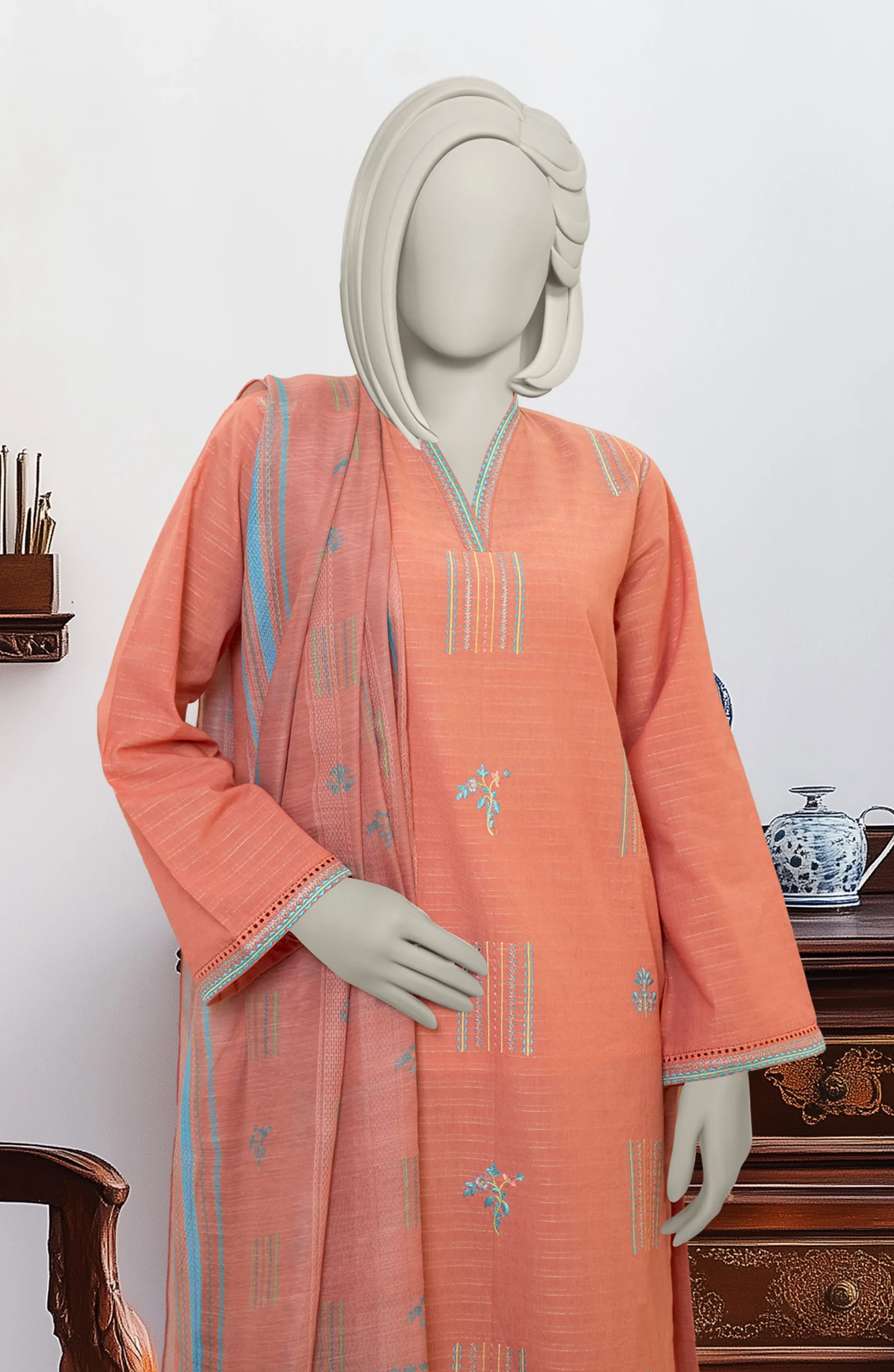 EMBROIDERED ZARI TAR STITCHED 3 PIECE - Image 2