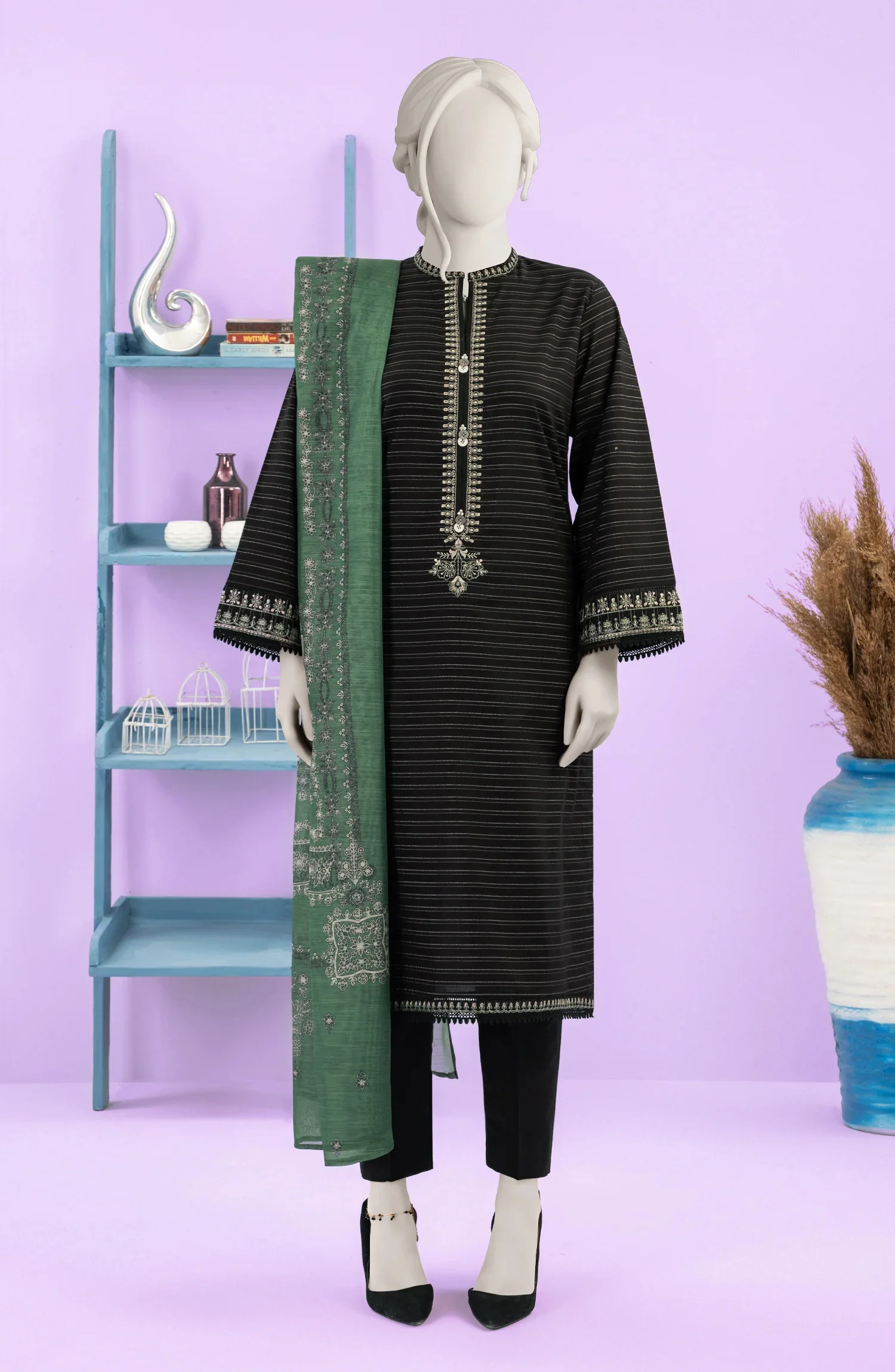 EMBROIDERED ZARI TAR STITCHED 3 PIECE