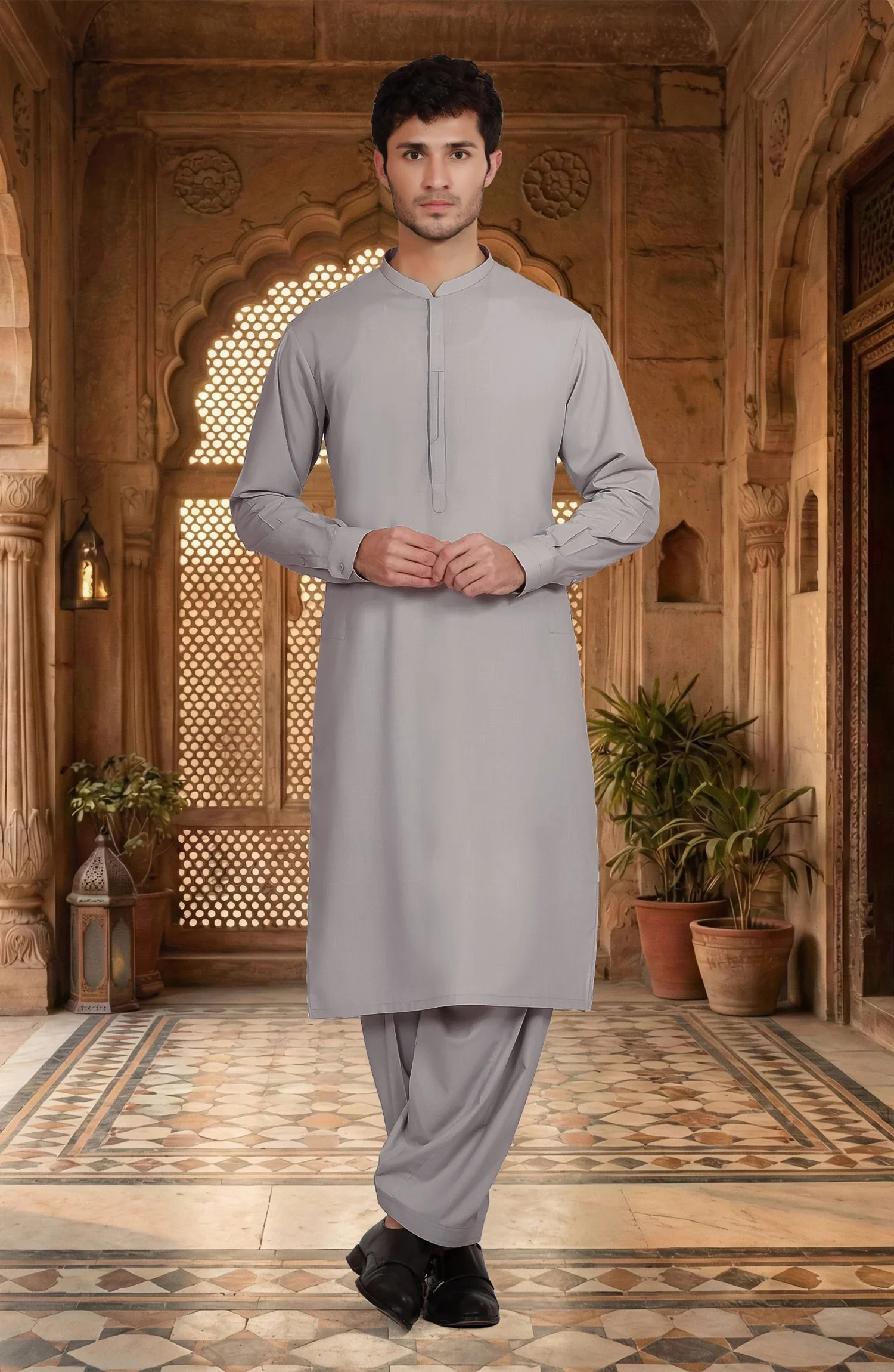FEATHER-GREY BLENDED KAMEEZ SHALWAR