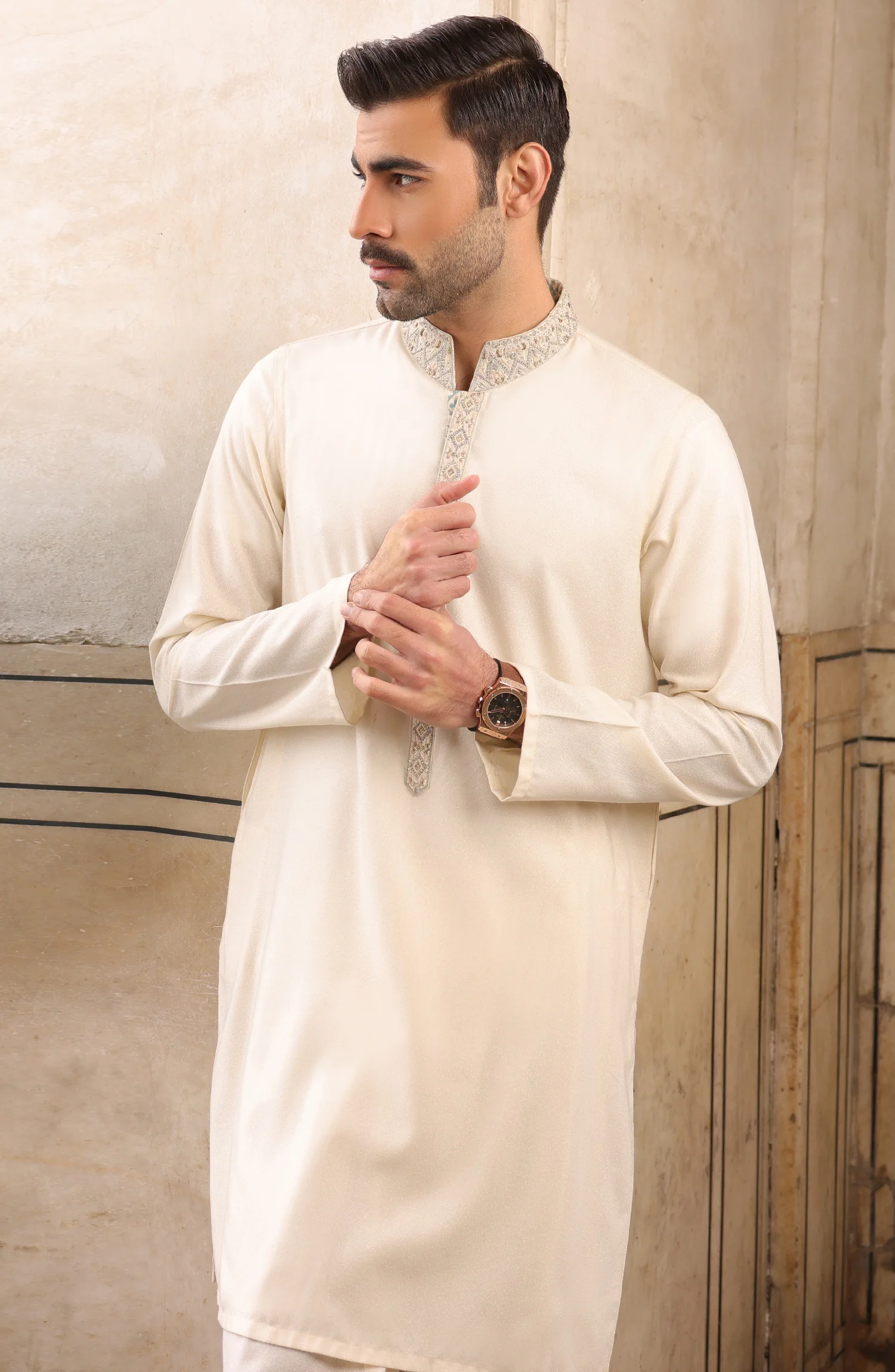 FESTIVE'22 MEN FORMAL KAMEEZ SHALWAR CREAM - Image 3