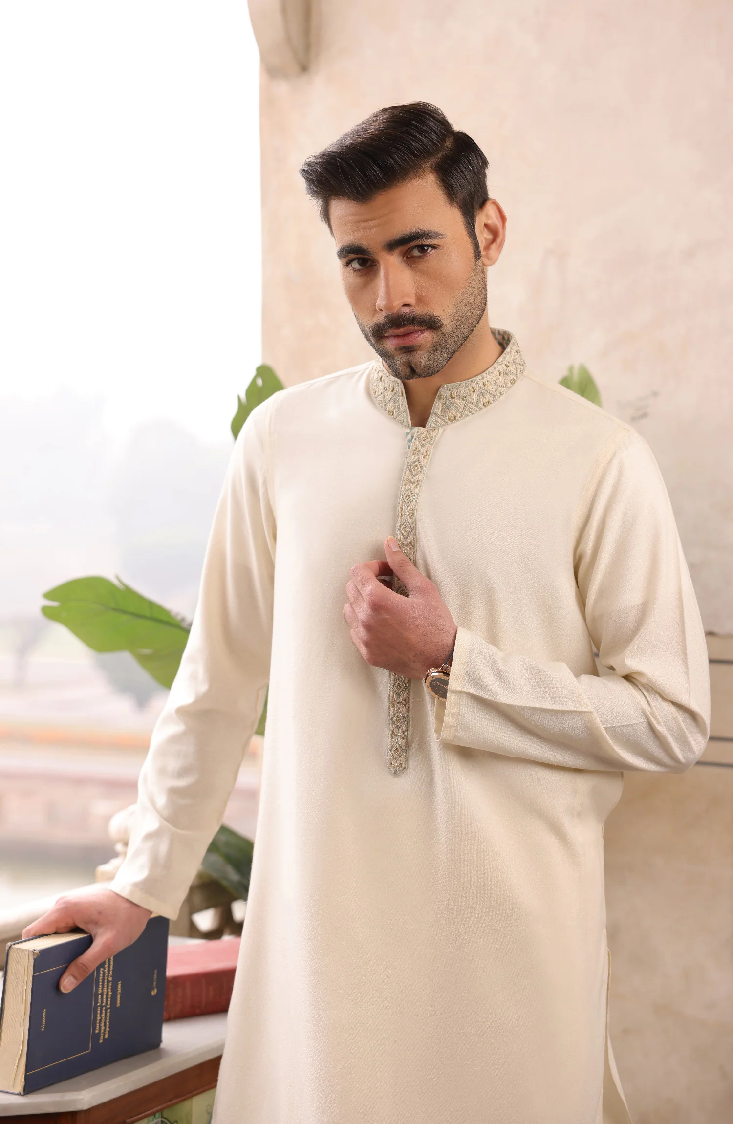 FESTIVE'22 MEN FORMAL KAMEEZ SHALWAR CREAM - Image 4