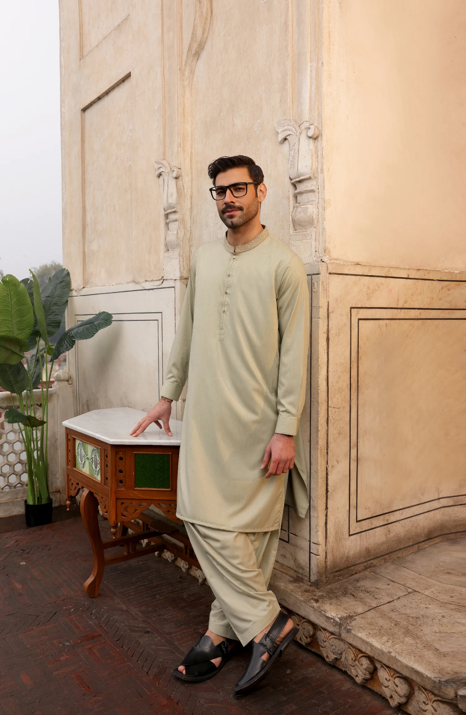 FESTIVE'22 MEN KAMEEZ SHALWAR FORMAL LIGHT OLIVE - Image 2
