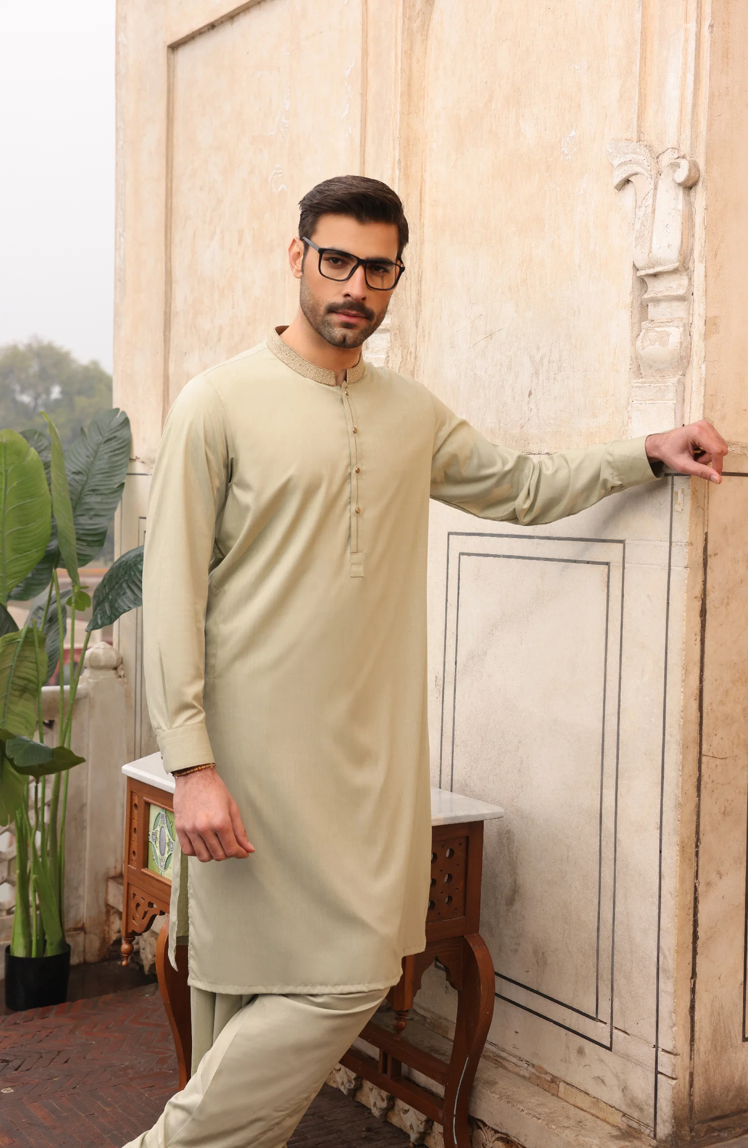 FESTIVE'22 MEN KAMEEZ SHALWAR FORMAL LIGHT OLIVE - Image 3