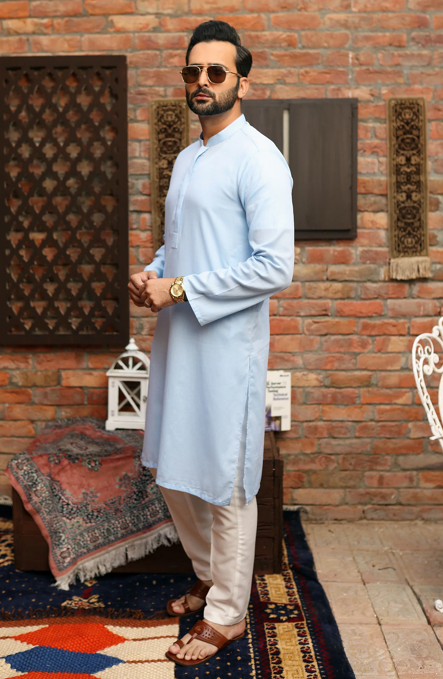 FESTIVE'22 MEN KURTA PLAIN SKY BLUE - Image 3