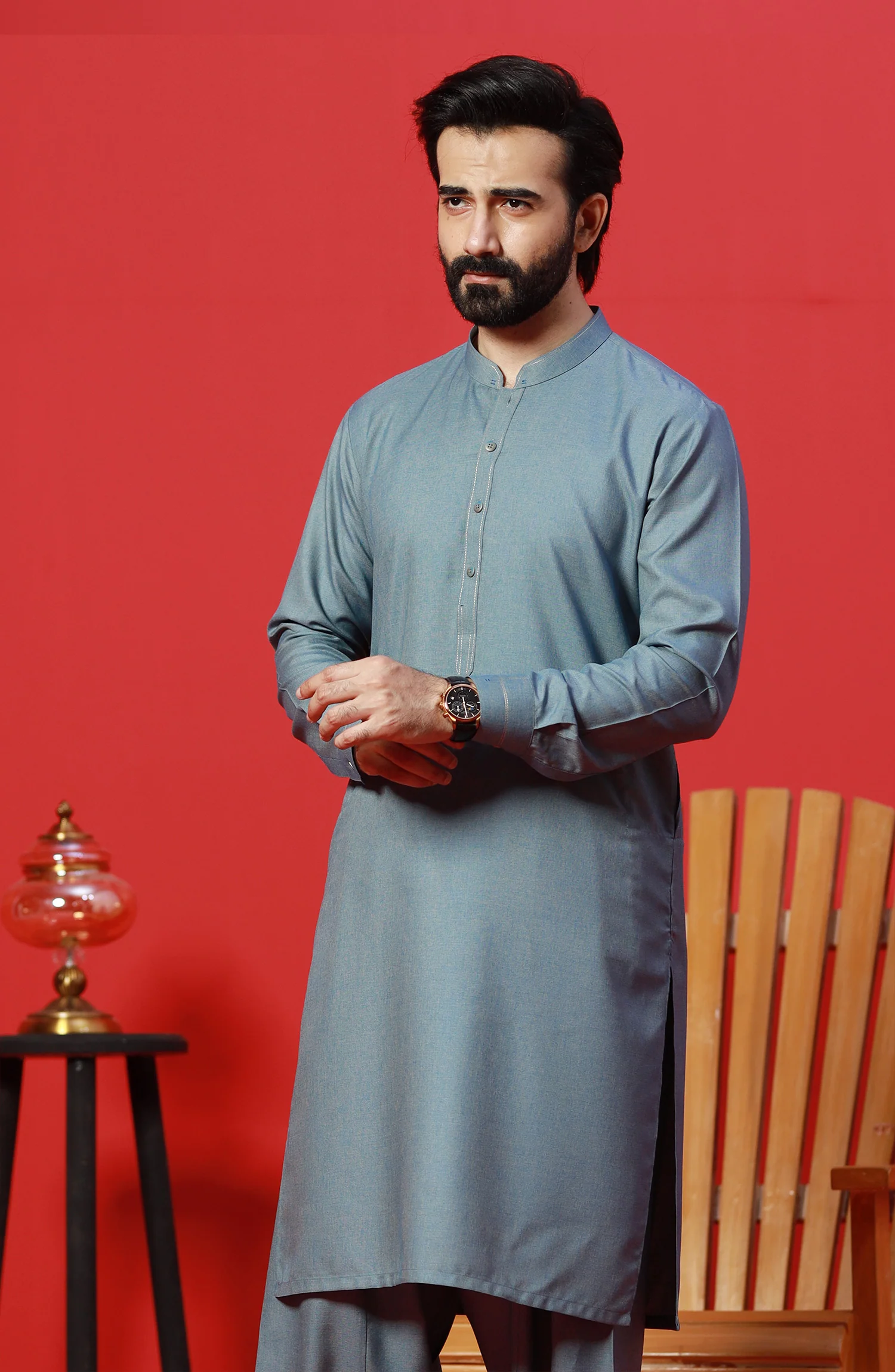 FESTIVE'23 MEN KAMEEZ SHALWAR CASUAL SHARP BLUE - Image 3