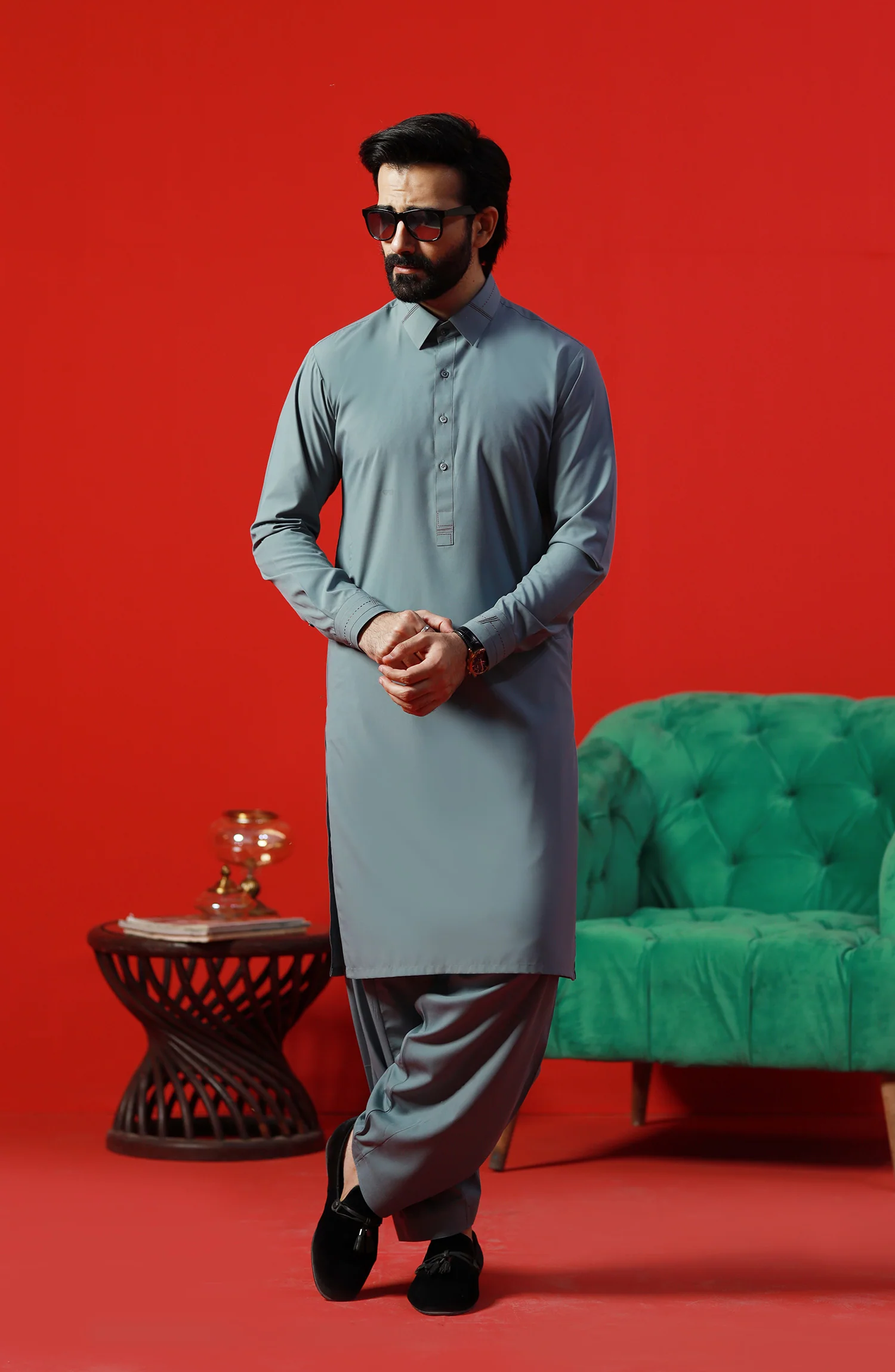 FESTIVE'23 MEN KAMEEZ SHALWAR CASUAL STONE BLUE - Image 3