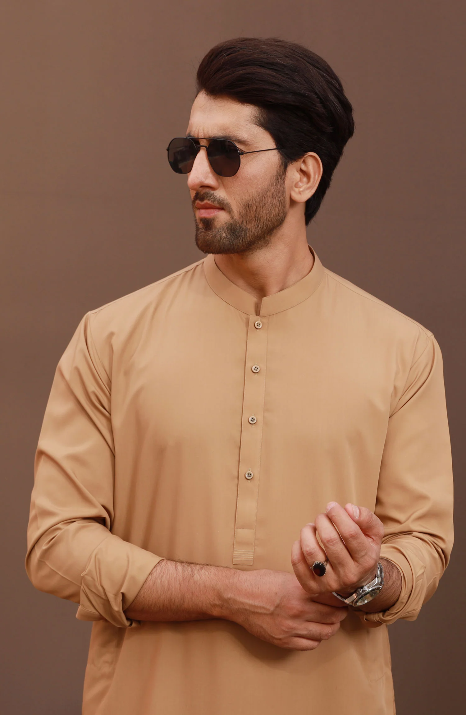 FESTIVE'23 MEN KAMEEZ SHALWAR PLAIN BROWN - Image 2
