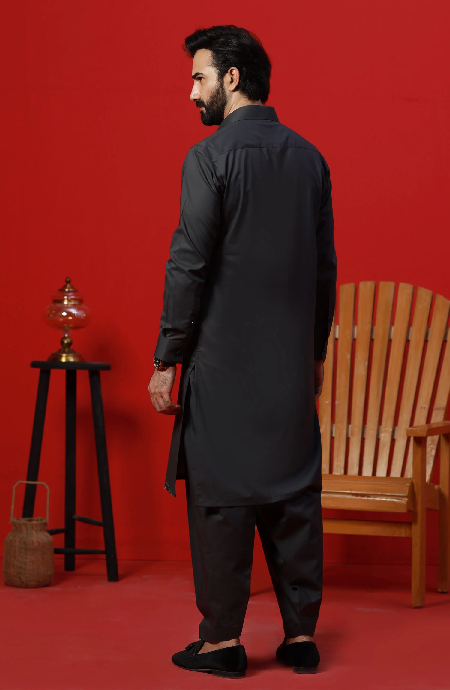 FESTIVE'23 MEN KAMEEZ SHALWAR PLAIN CHARCOAL GREY - Image 3