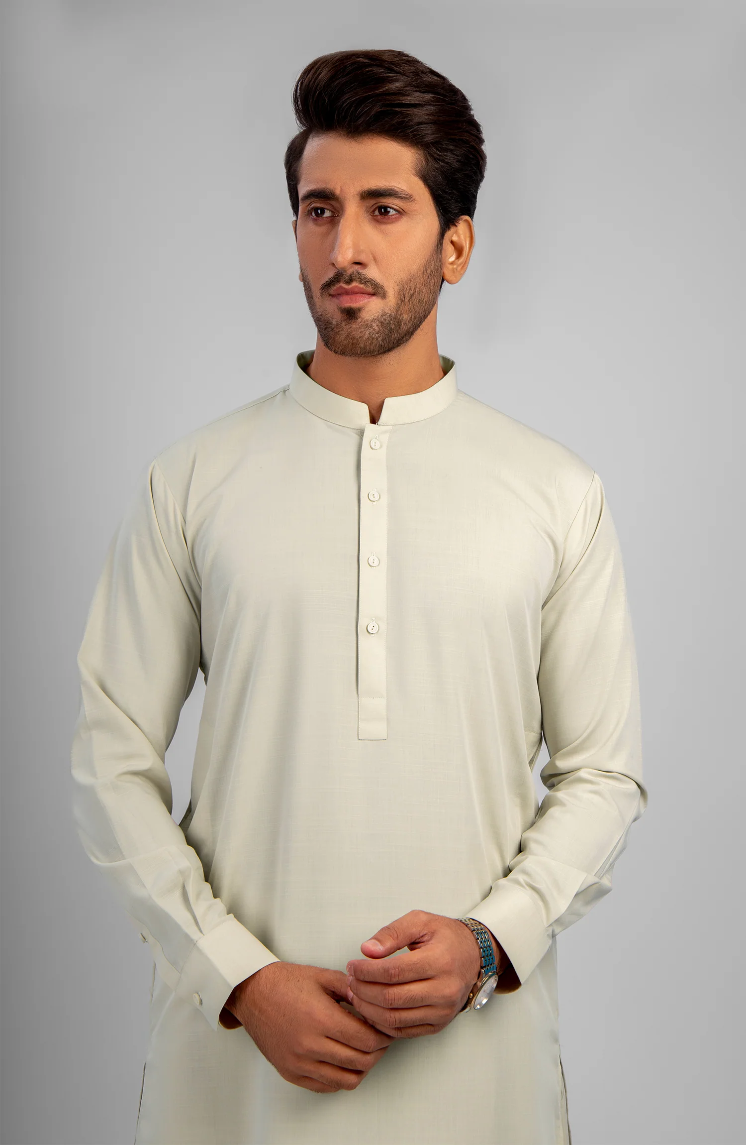 FESTIVE'23 MEN KAMEEZ SHALWAR PLAIN LIGHT CREAM - Image 2