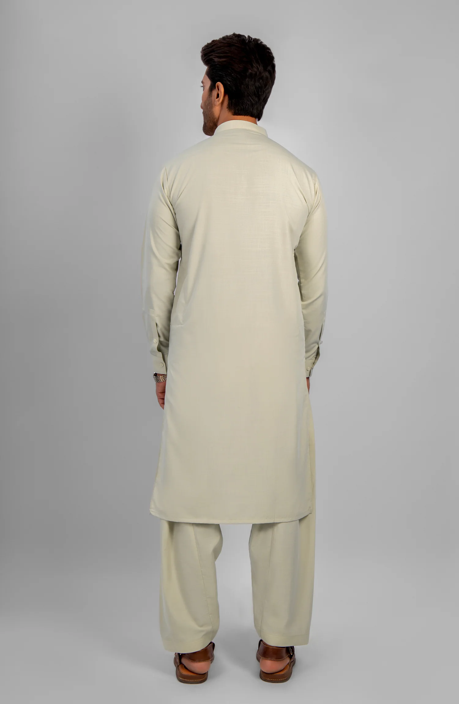 FESTIVE'23 MEN KAMEEZ SHALWAR PLAIN LIGHT CREAM - Image 3