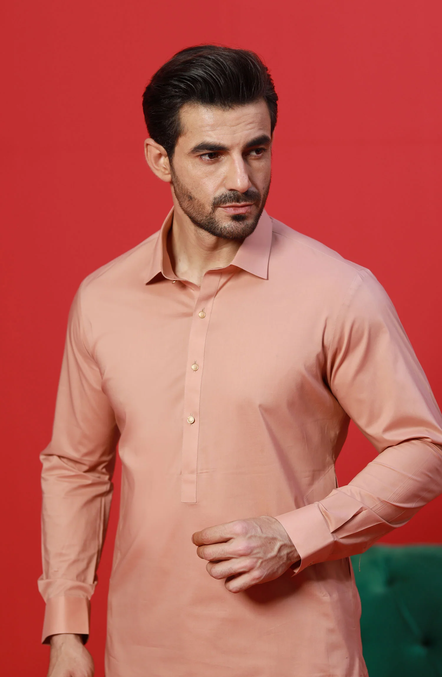 FESTIVE'23 MEN KAMEEZ SHALWAR PLAIN PEACH - Image 2