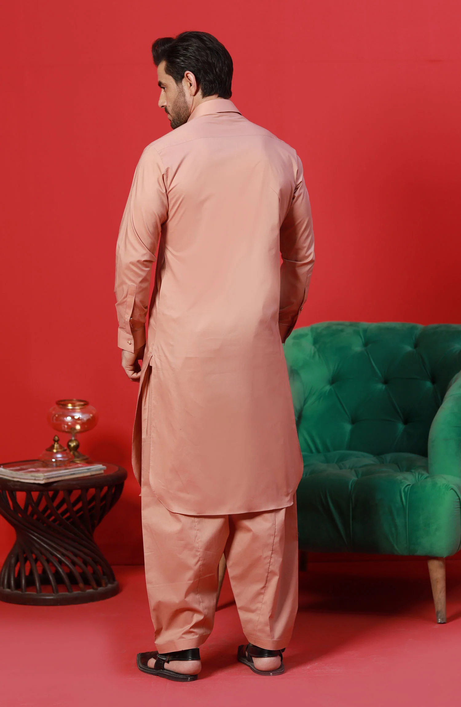 FESTIVE'23 MEN KAMEEZ SHALWAR PLAIN PEACH - Image 3