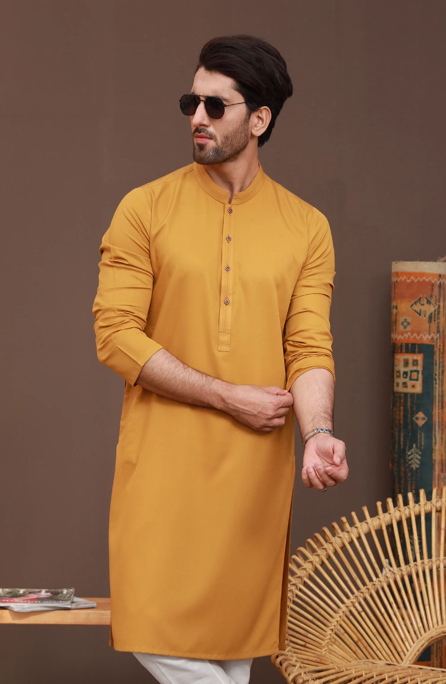 FESTIVE'23 MEN KURTA CASUAL MUSTARD - Image 3