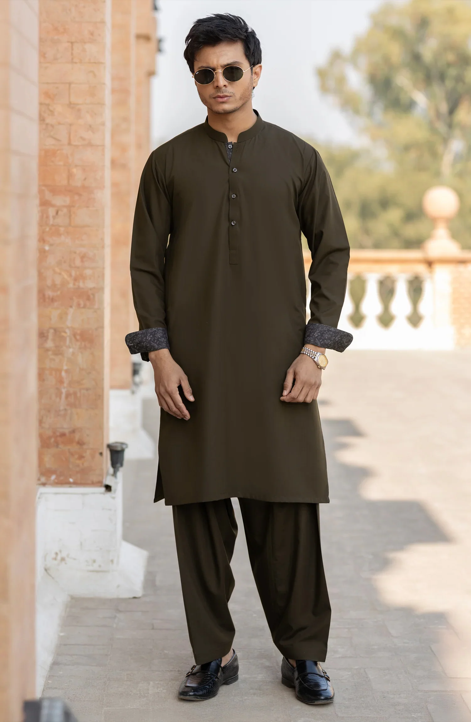 FOREST-BROWN BLENDED KAMEEZ SHALWAR WAISTCOAT - Image 9