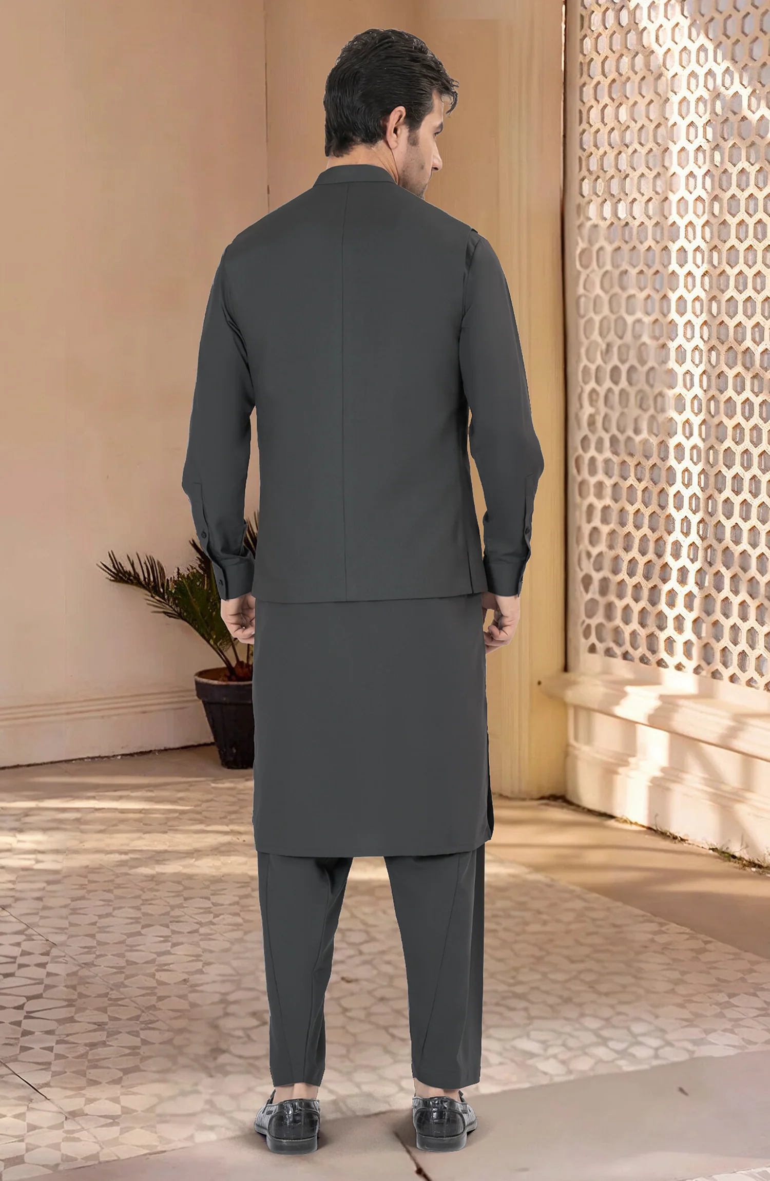 GREY BLENDED KAMEEZ SHALWAR WITH WAIST COAT - Image 4