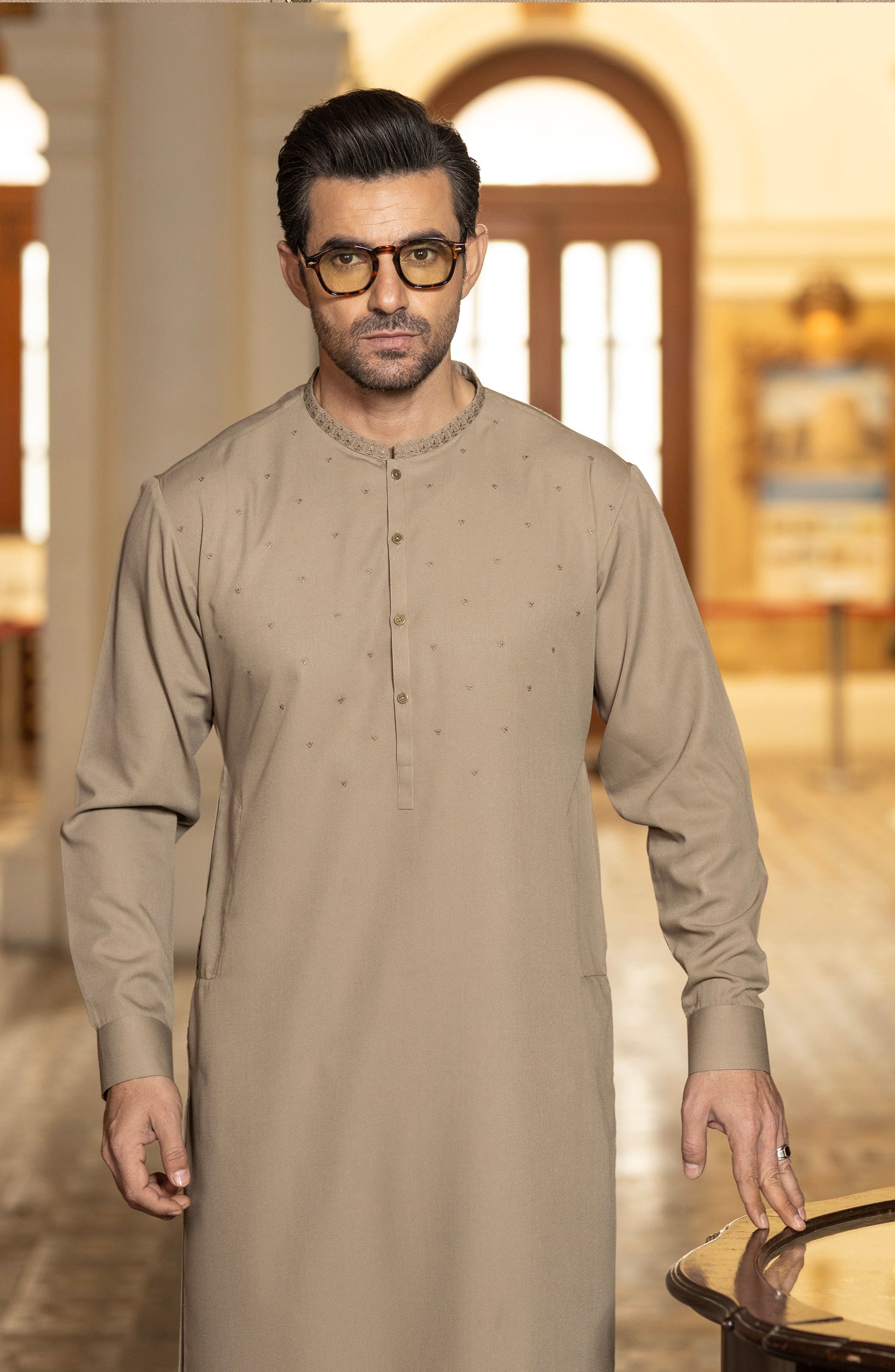 KHAKI BLENDED EMBROIDERED KAMEEZ SHALWAR - Image 2