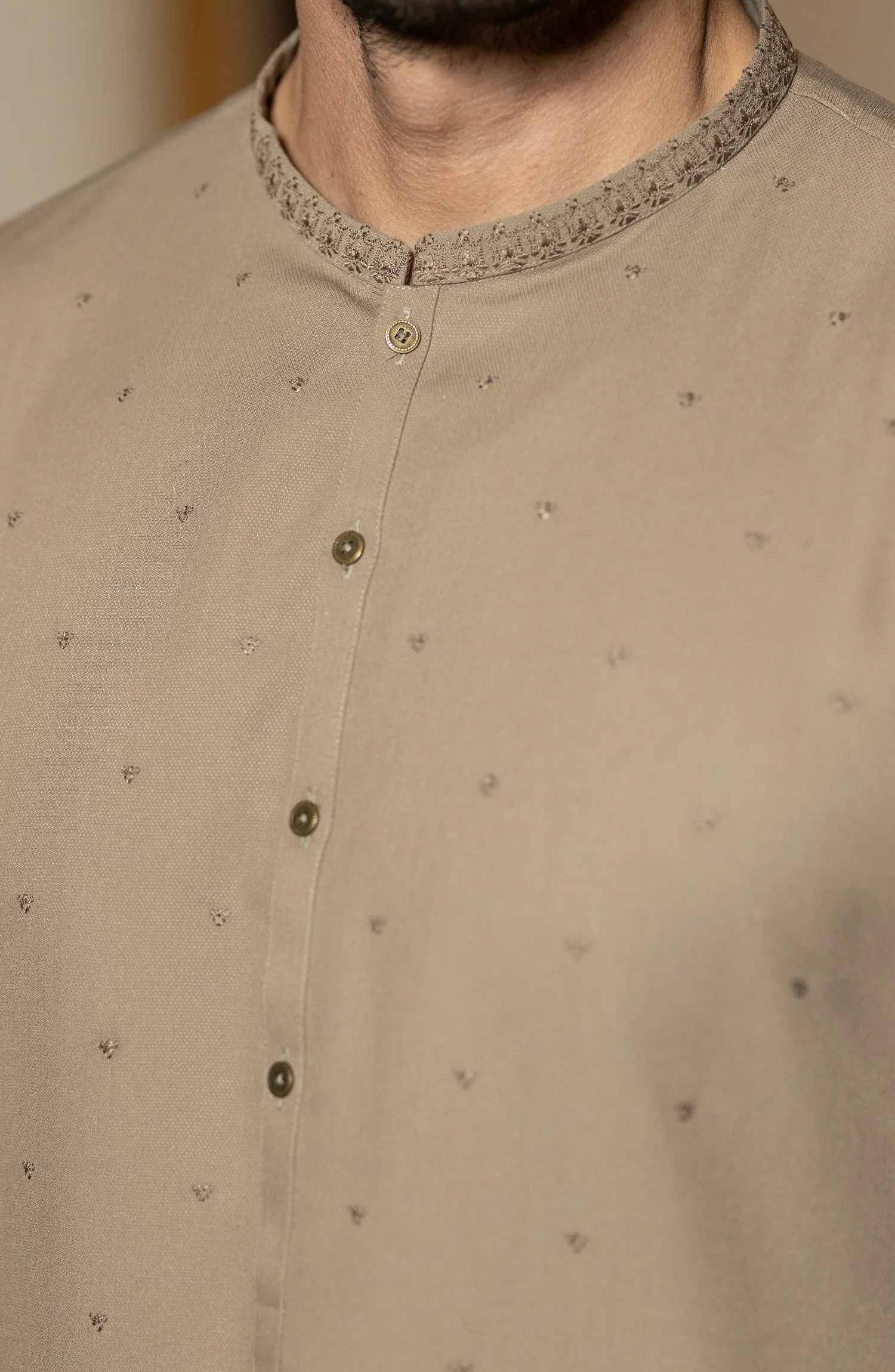 KHAKI BLENDED EMBROIDERED KAMEEZ SHALWAR - Image 3
