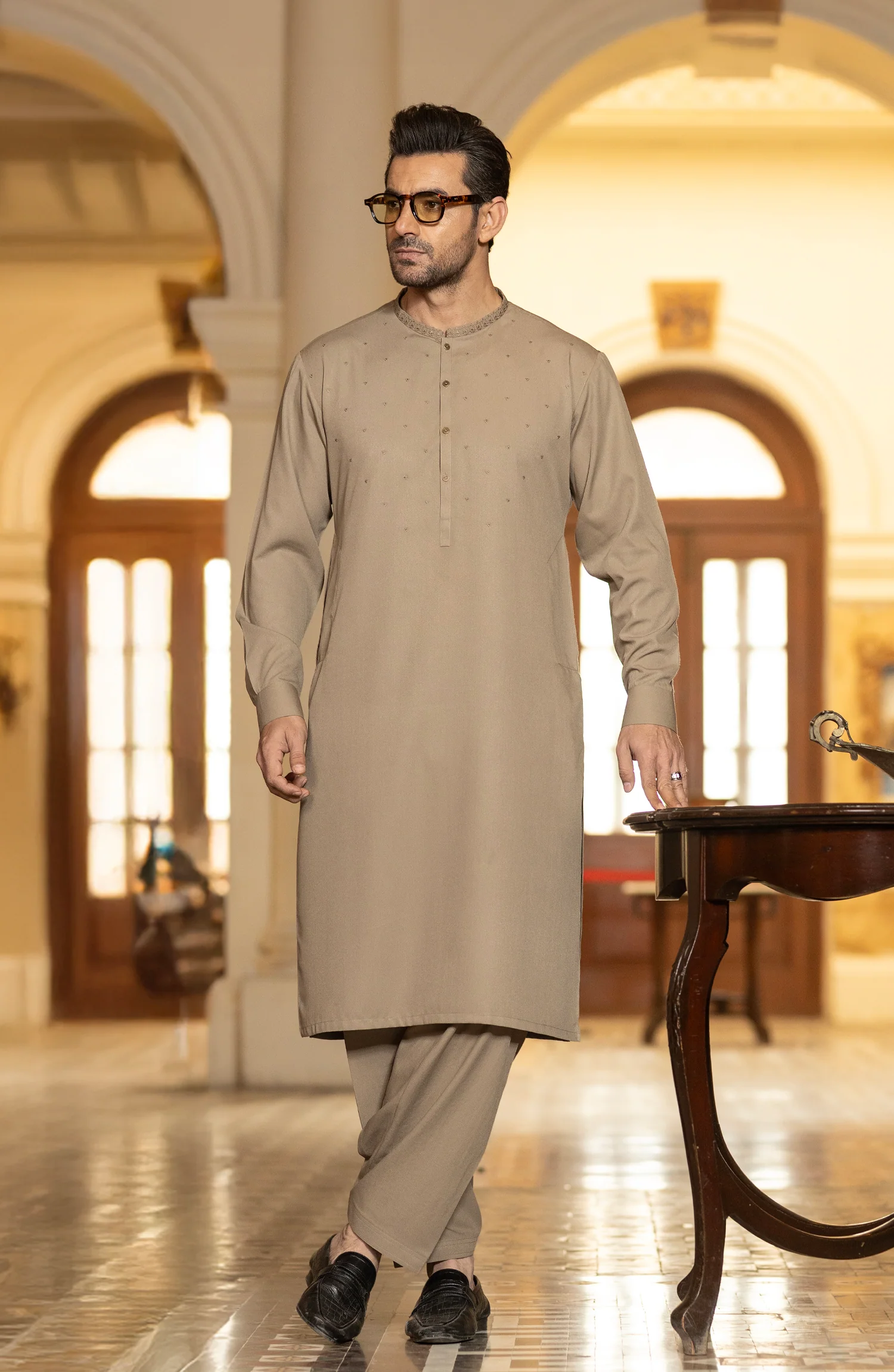 KHAKI BLENDED EMBROIDERED KAMEEZ SHALWAR - Image 4