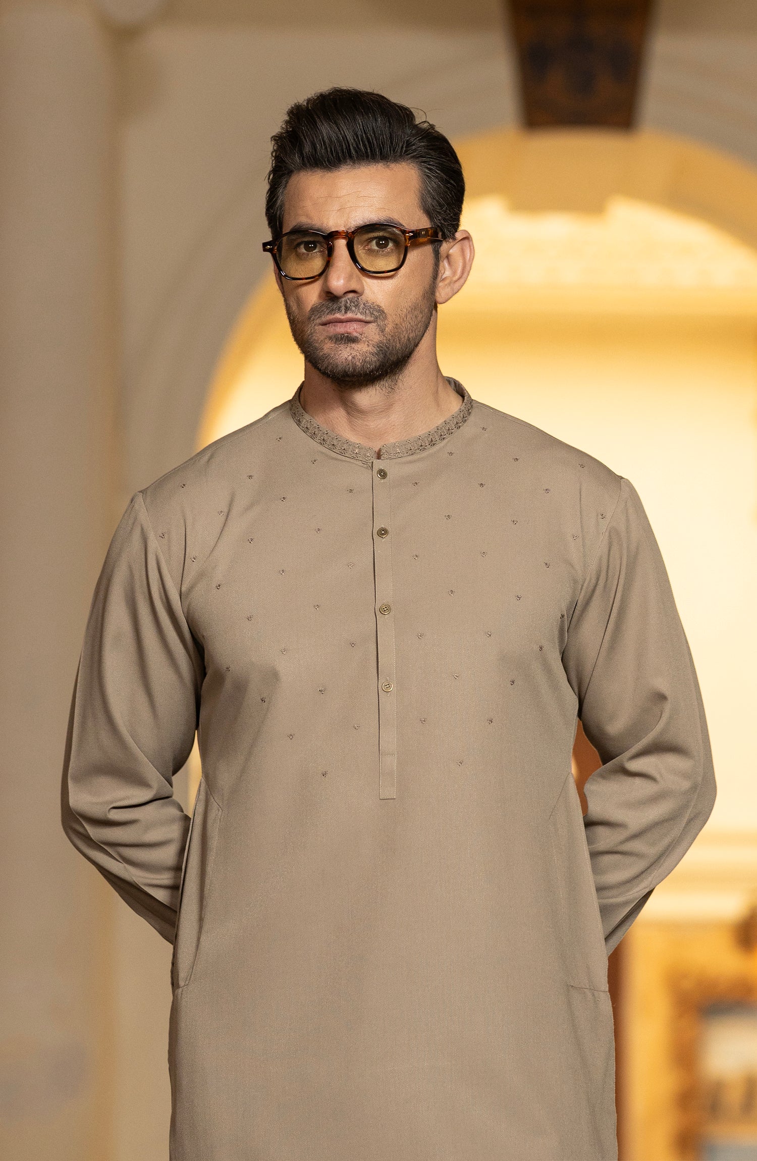 KHAKI BLENDED EMBROIDERED KAMEEZ SHALWAR - Image 5