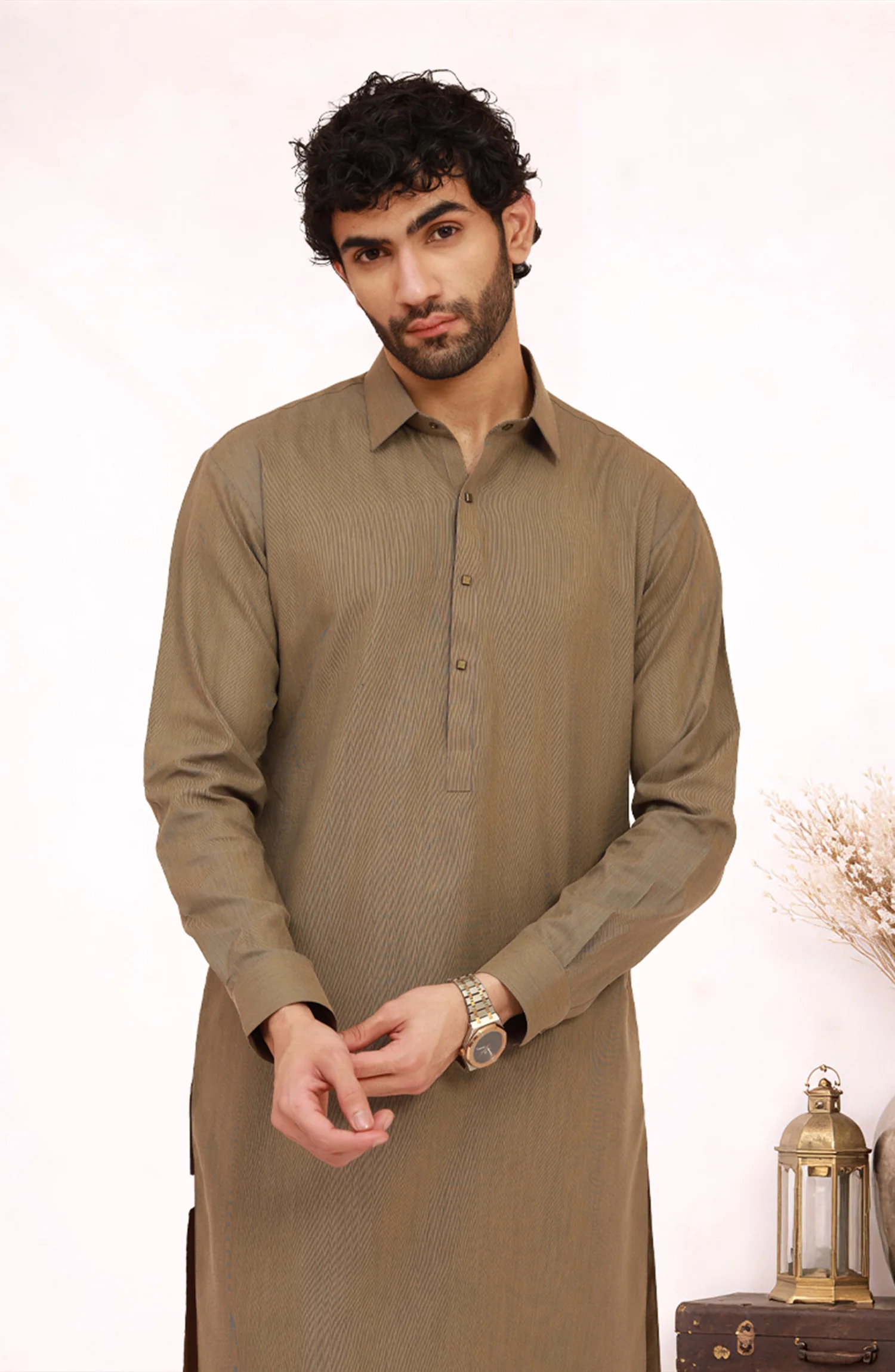 KHAKI-BROWN BLENDED KAMEEZ SHALWAR - Image 2