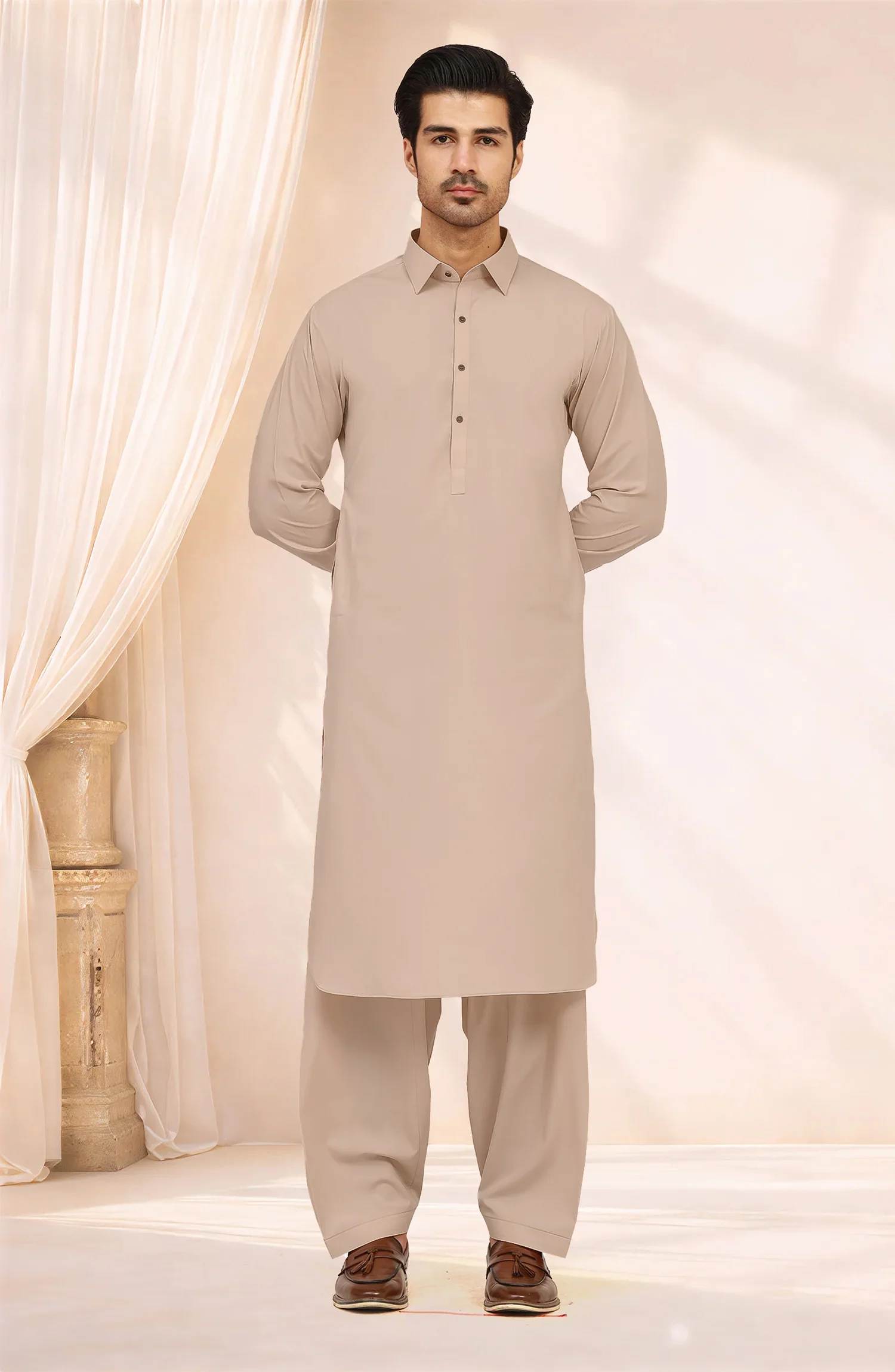 LIGHT-BEIGE BLENDED KAMEEZ SHALWAR