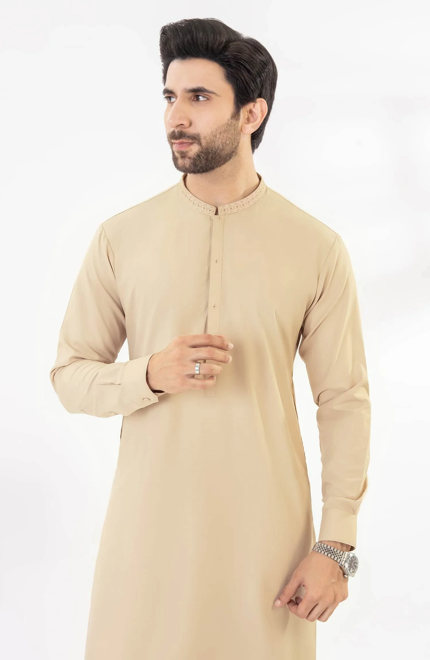LIGHT BEIGE EMBROIDERED BLENDED KAMEEZ SHALWAR - Image 2