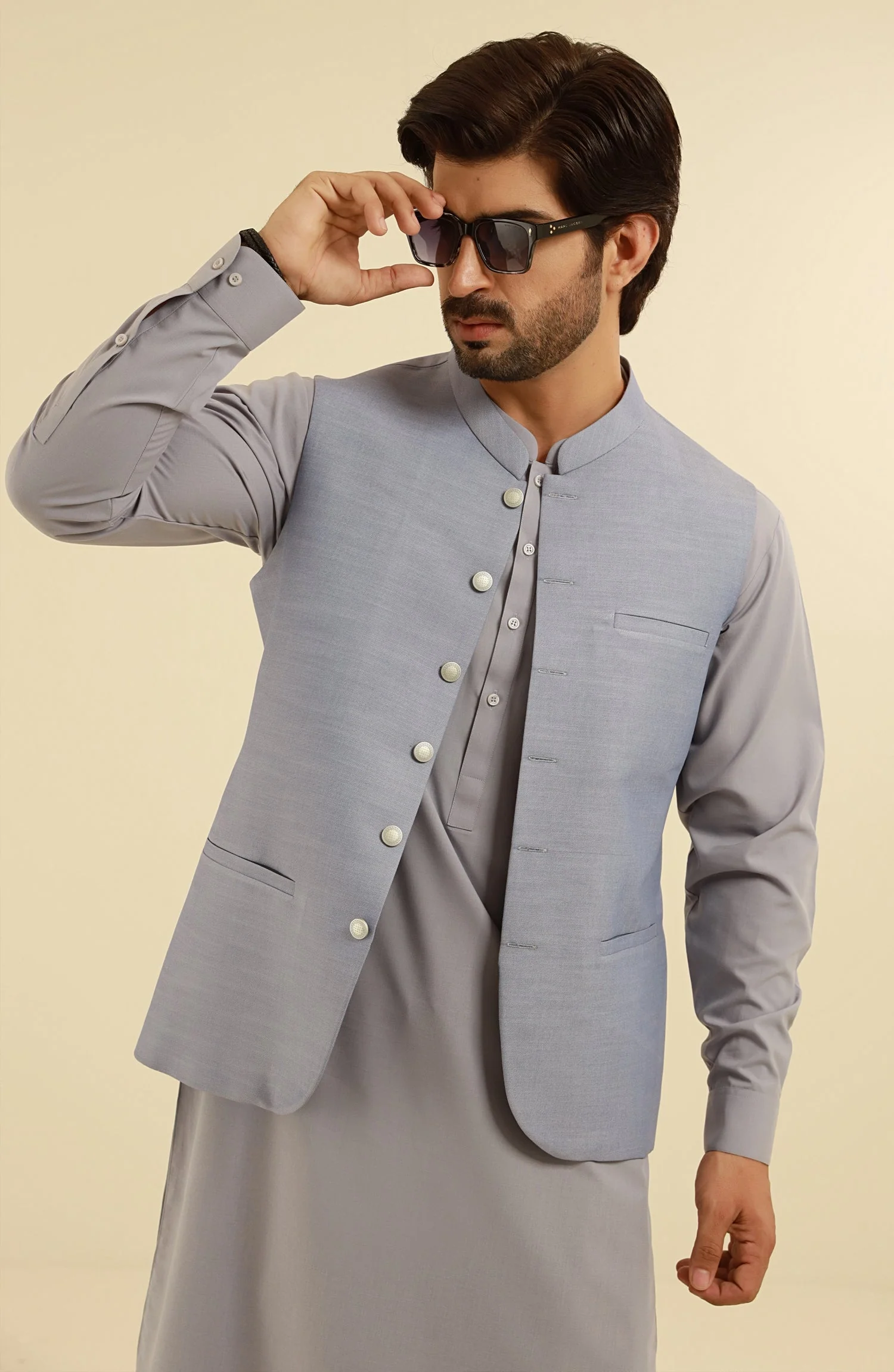 LIGHT BLUE KAMEEZ SHALWAR WITH WAIST COAT - Image 2