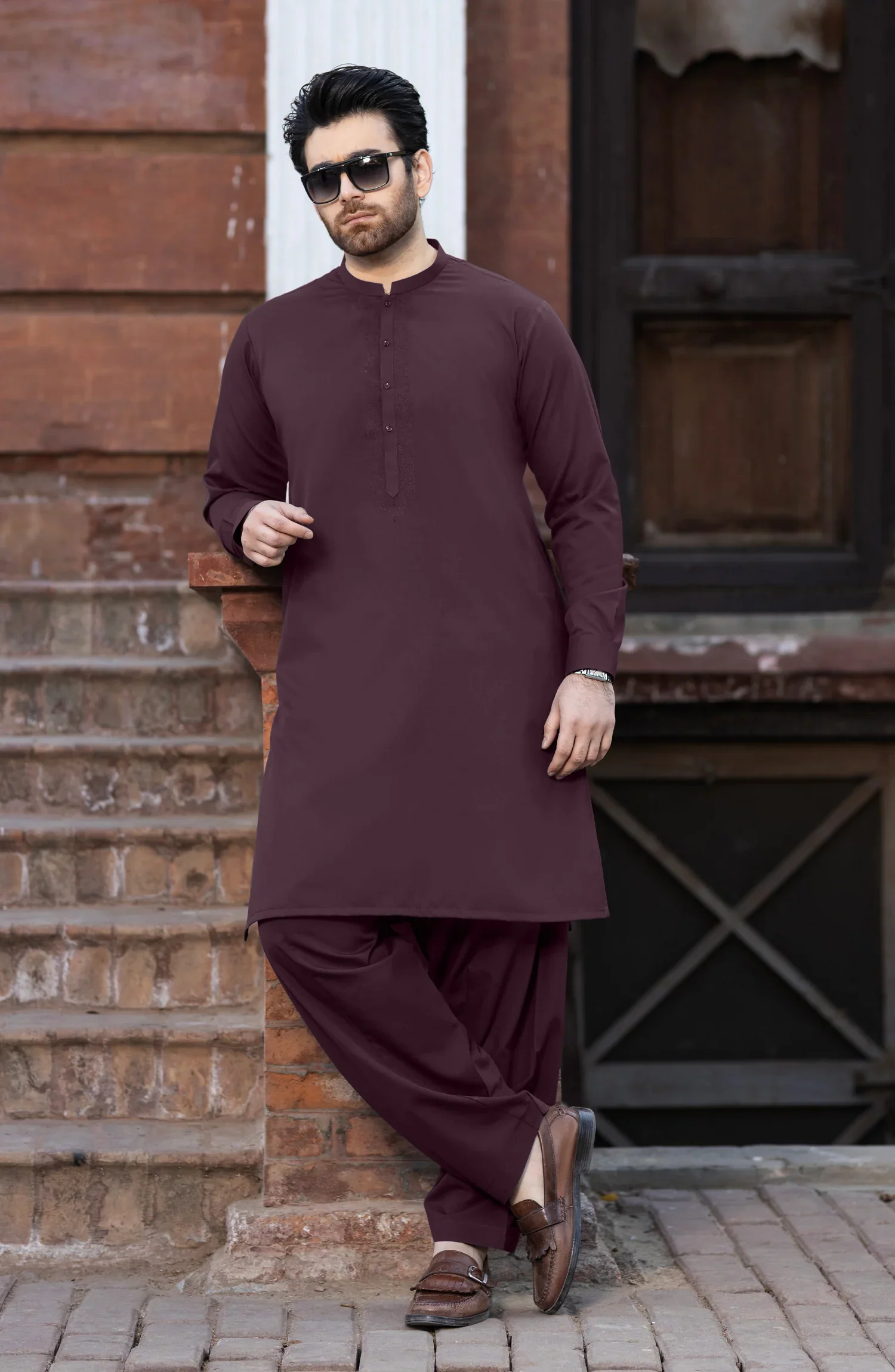 LIGHT-BURGUNDY EMBROIDERED BLENDED KAMEEZ SHALWAR - Image 5