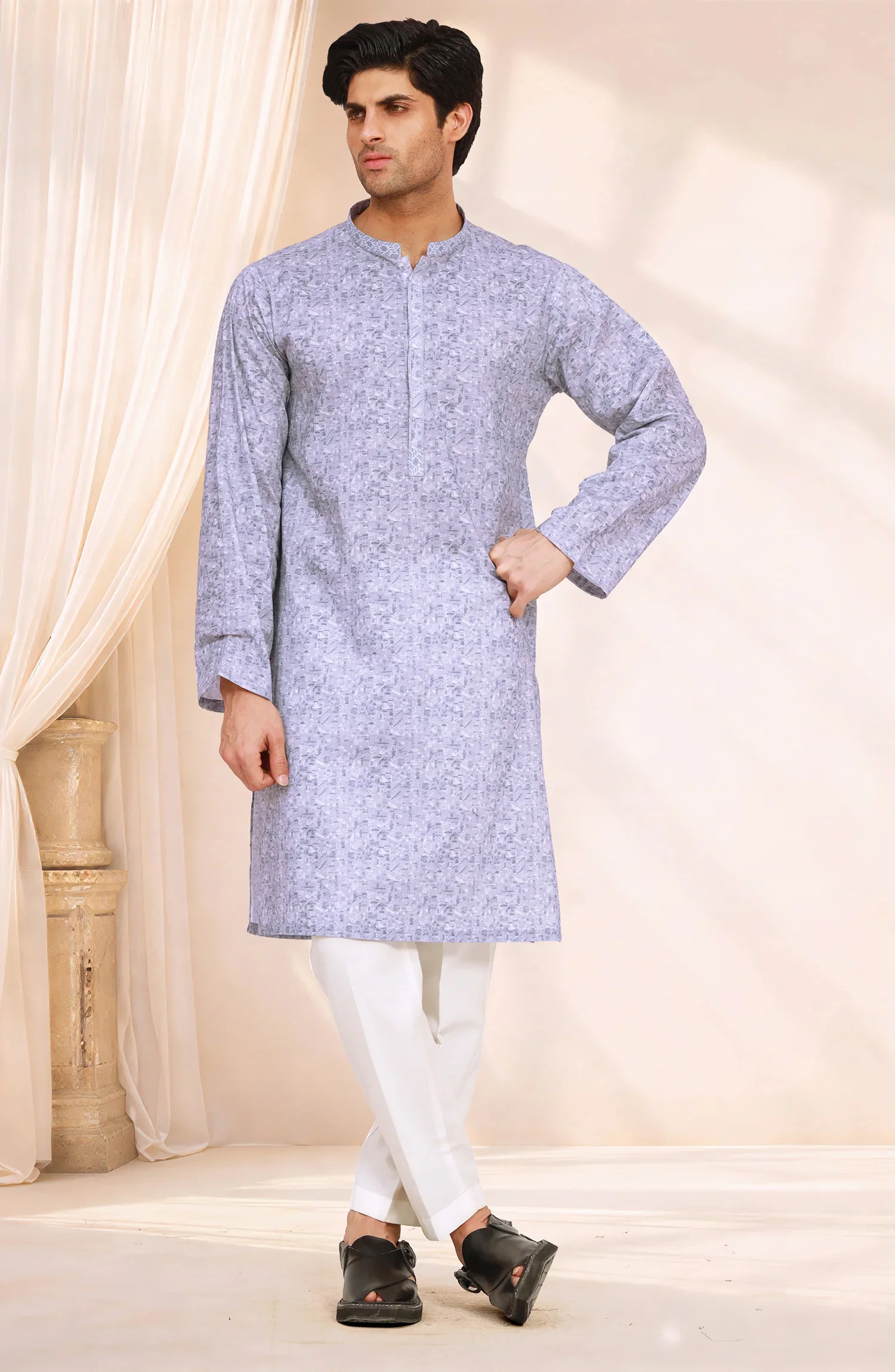 LIGHT-INDIGO 100%COTTON PRINTED KURTA - Image 5