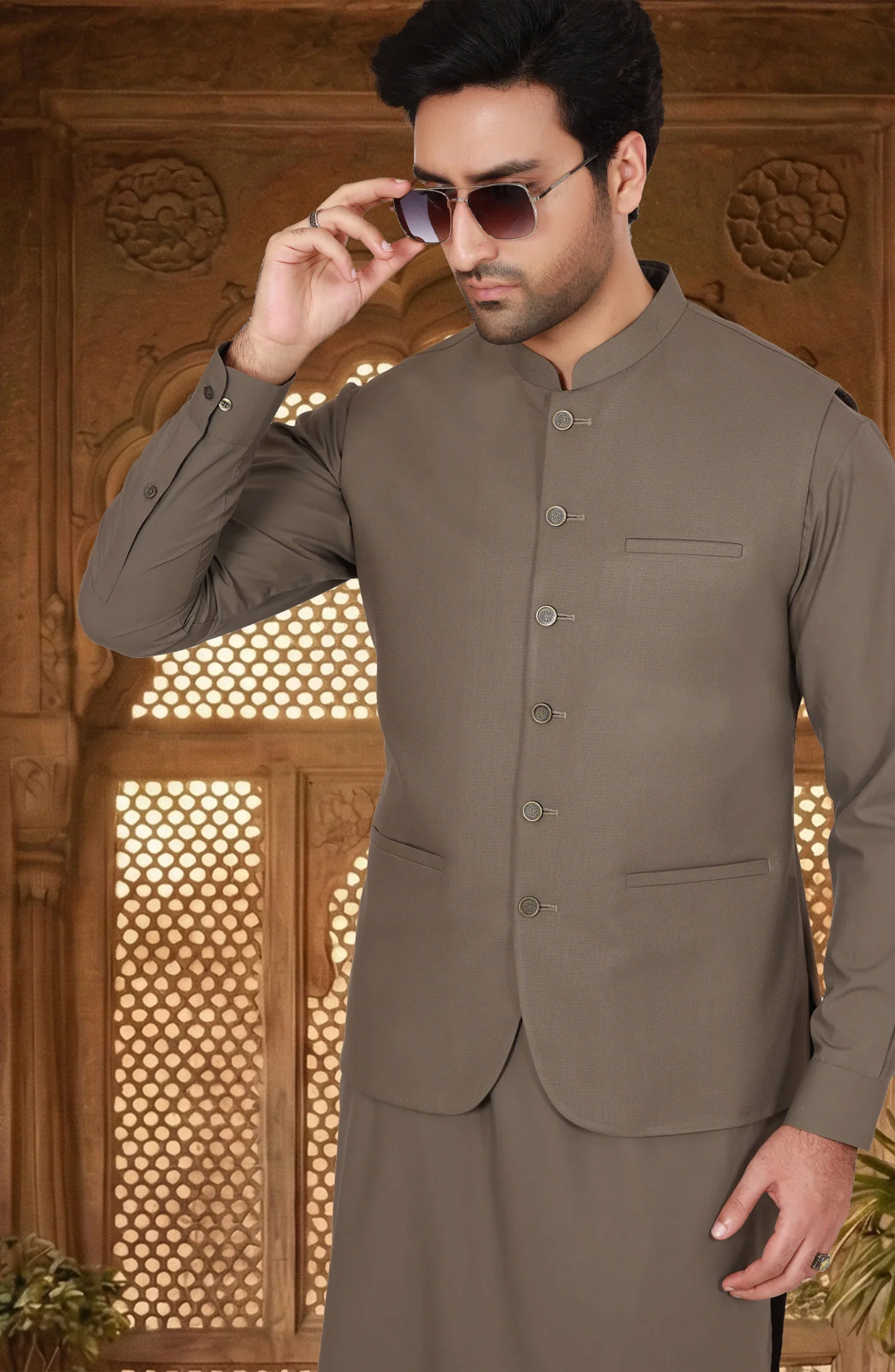 LIGHT-OLIVE BLENDED KAMEEZ SHALWAR WITH WAISTCOAT - Image 2