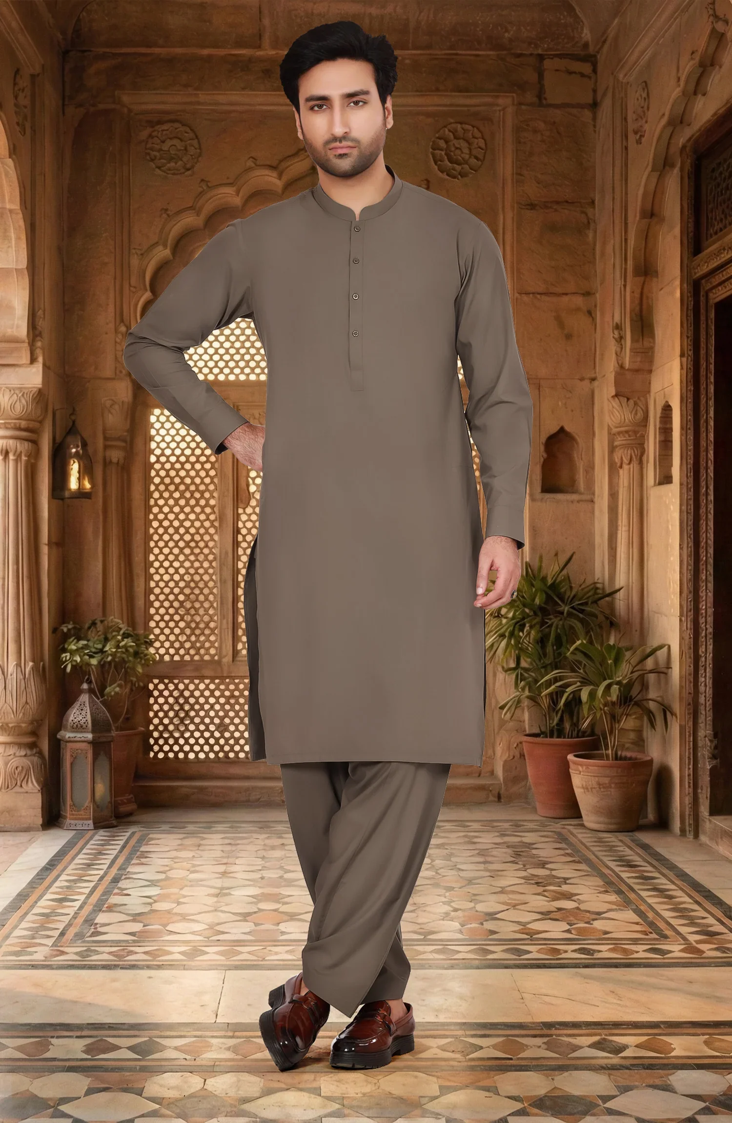 LIGHT-OLIVE BLENDED KAMEEZ SHALWAR WITH WAISTCOAT - Image 4