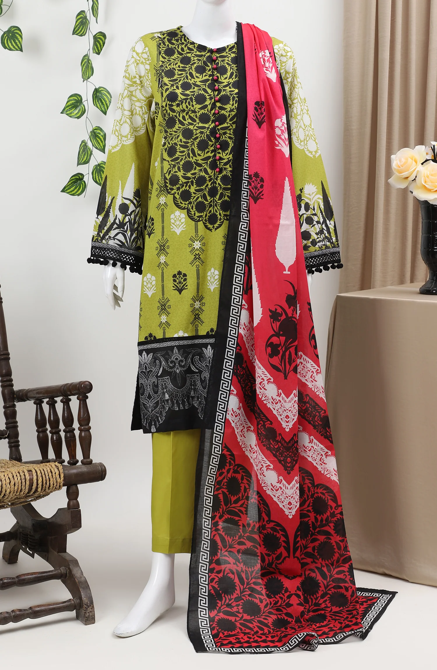 LIME ETHNIC 3PC SUIT STITCHED
