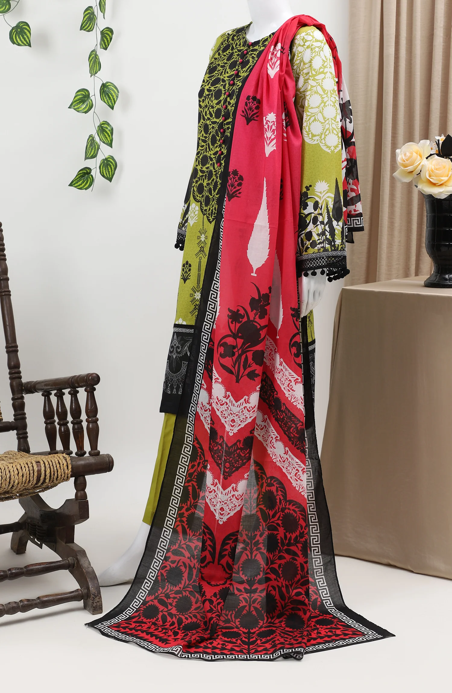 LIME ETHNIC 3PC SUIT STITCHED - Image 3