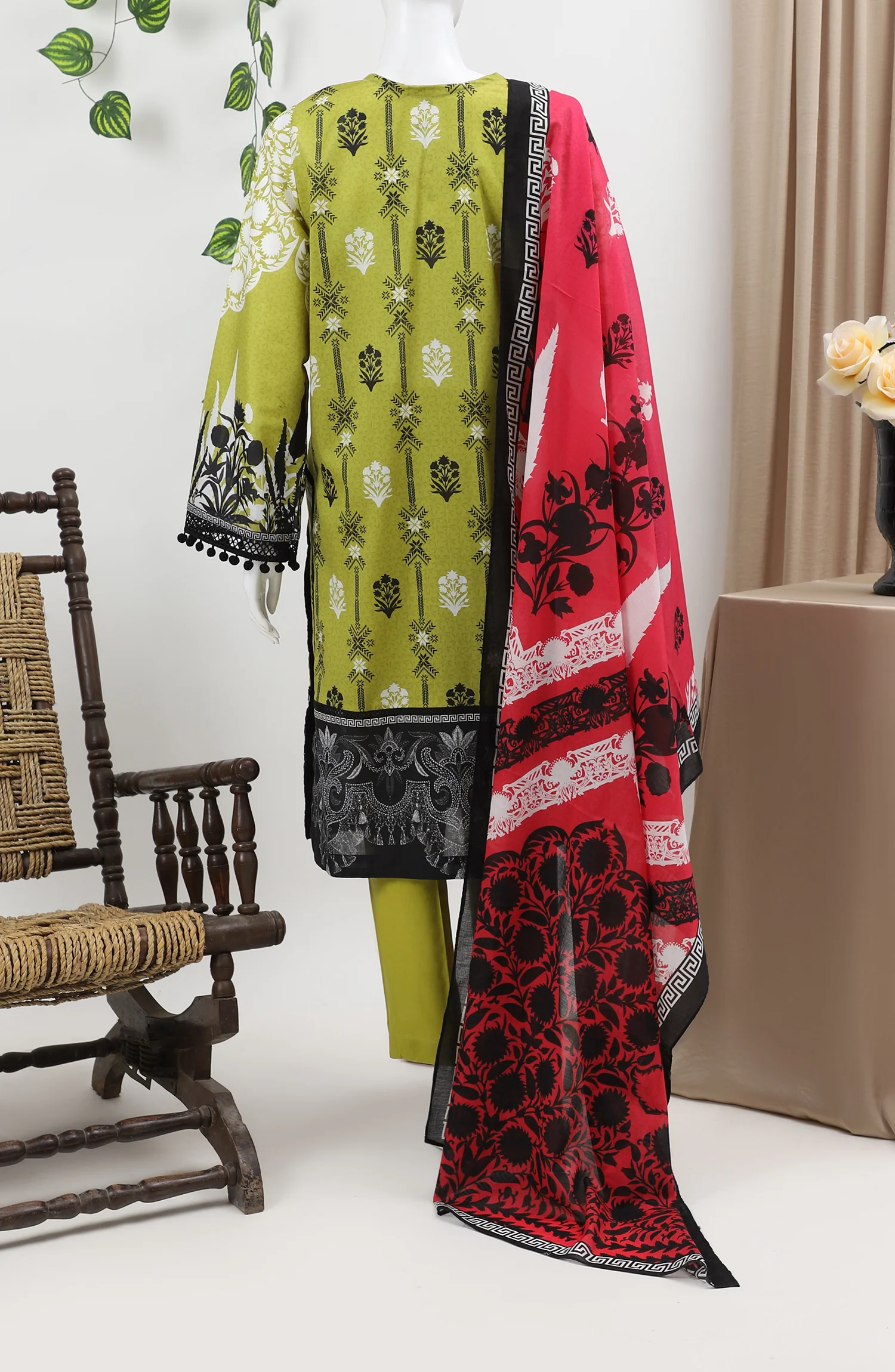 LIME ETHNIC 3PC SUIT STITCHED - Image 4