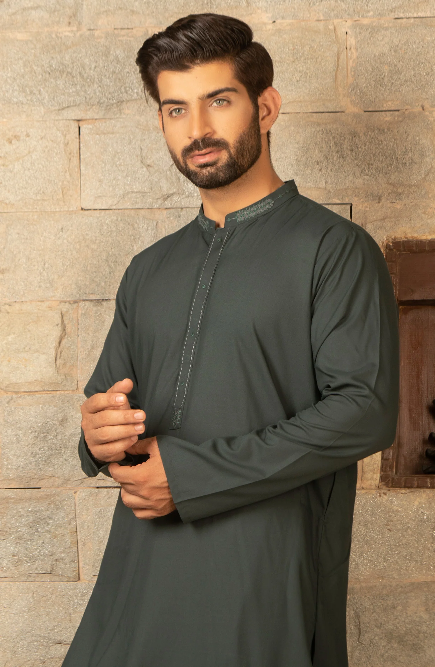 MEN EMBROIDERY FORMAL KAMEEZ SHALWAR DARK GREEN - Image 2