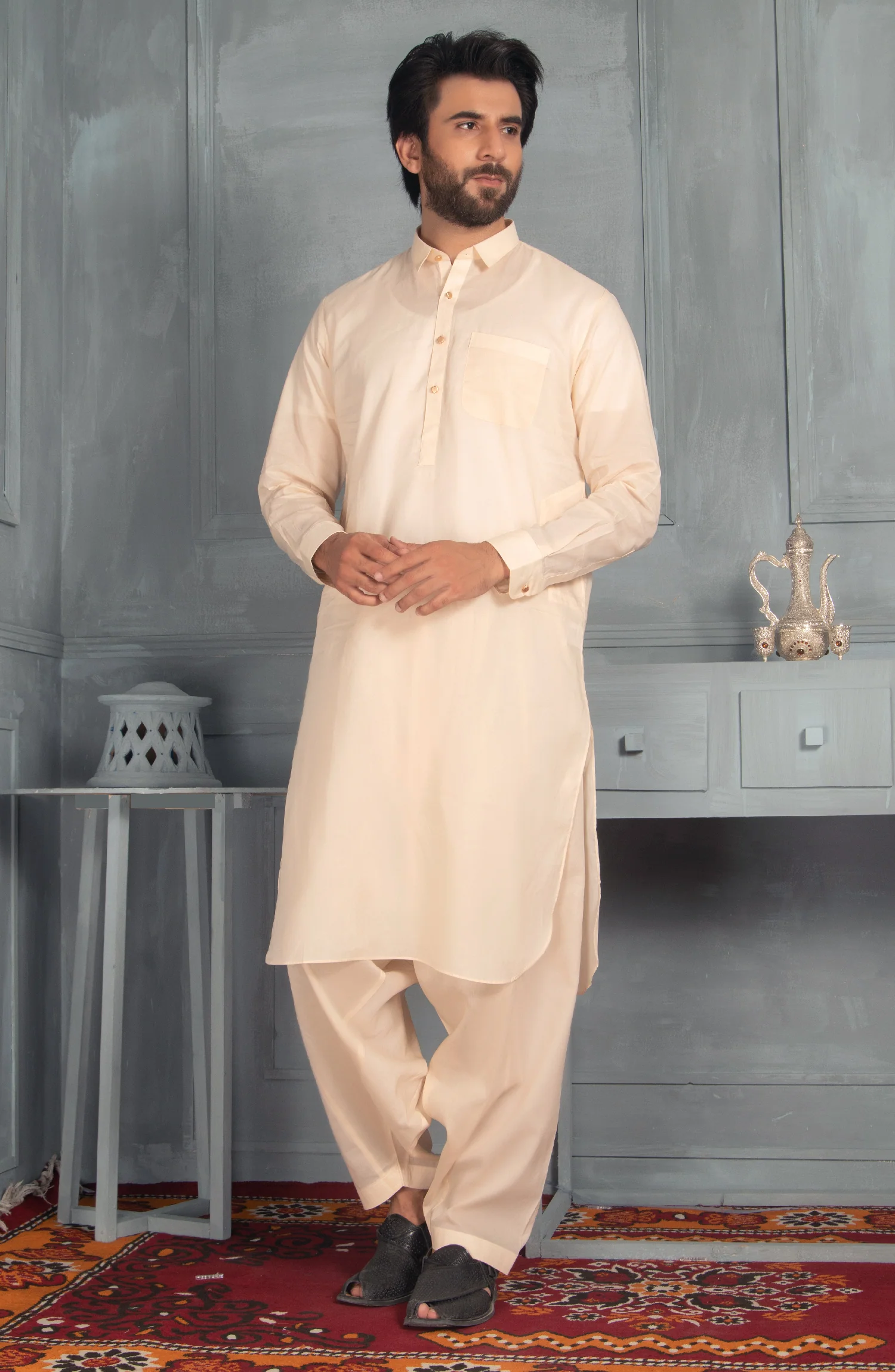 MEN KAMEEZ SHALWAR PLAIN CREAM - Image 2