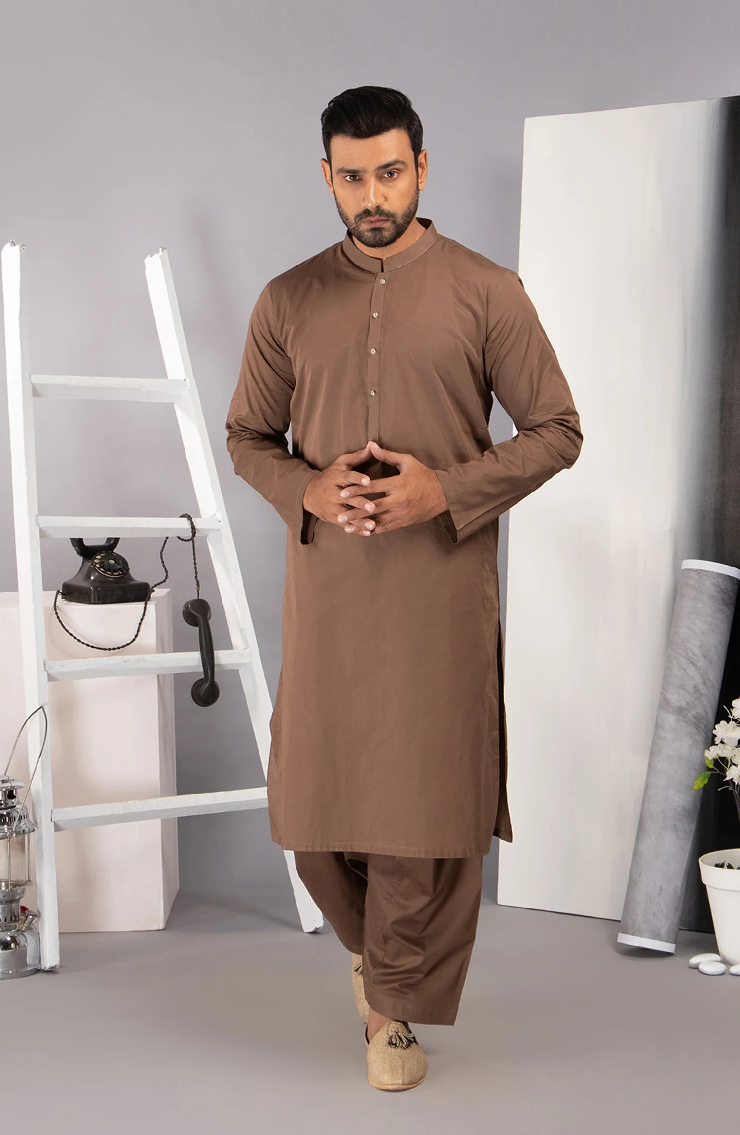 MEN KAMEEZ SHALWAR PLAIN BROWN - Image 3