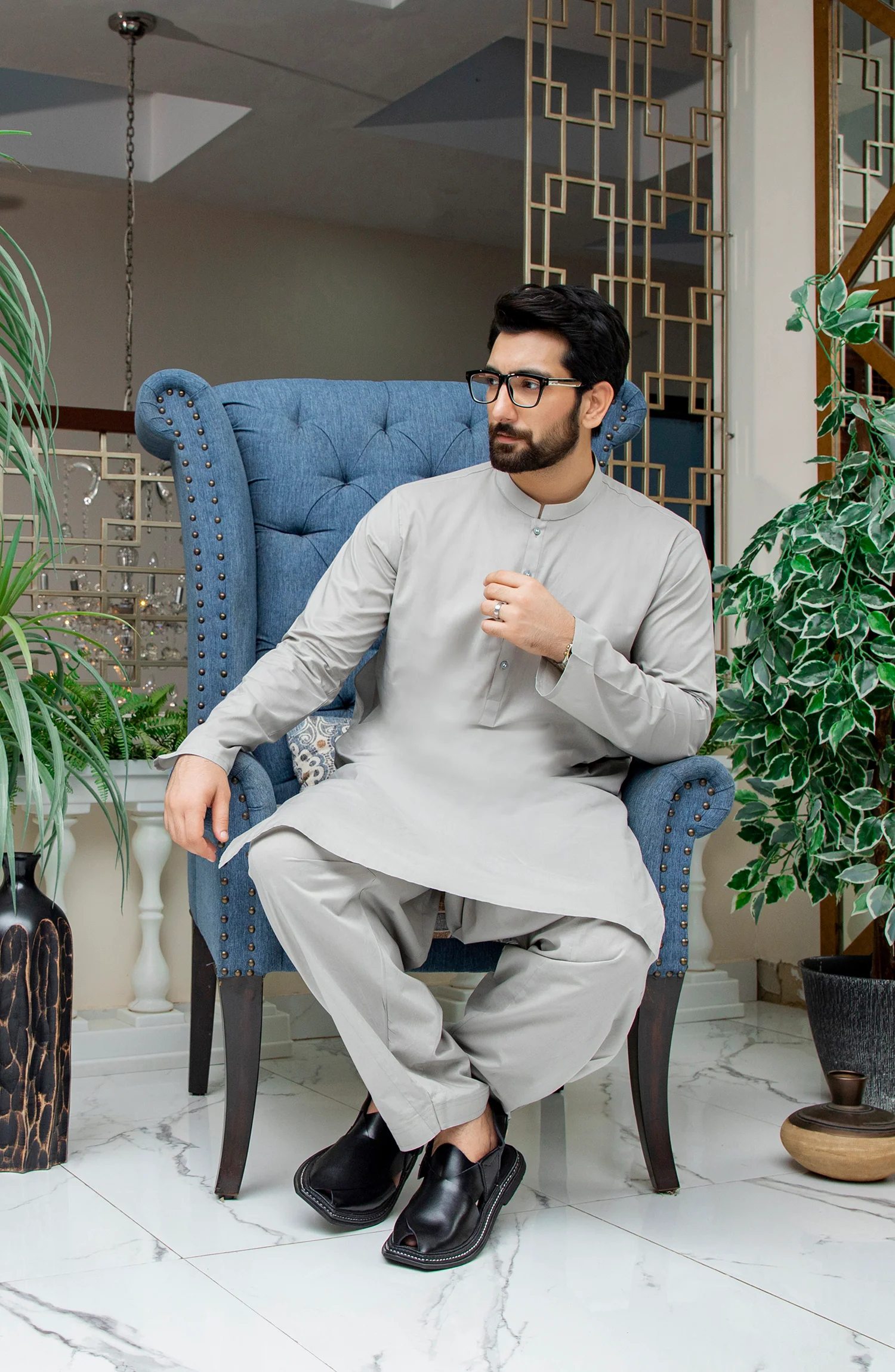 MEN KAMEEZ SHALWAR PLAIN GREY - Image 3