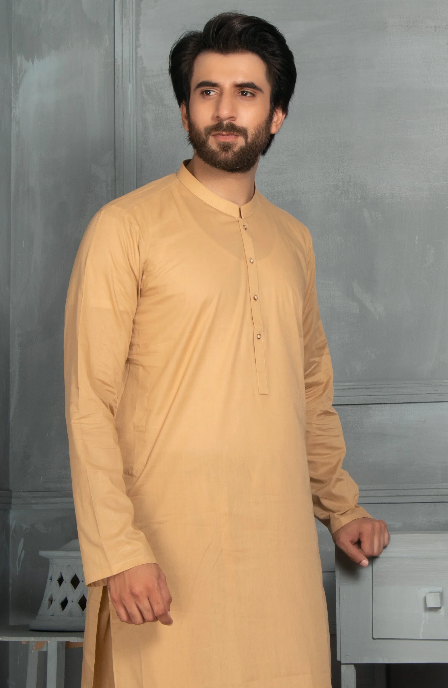 MEN KAMEEZ SHALWAR PLAIN KHAKI - Image 3